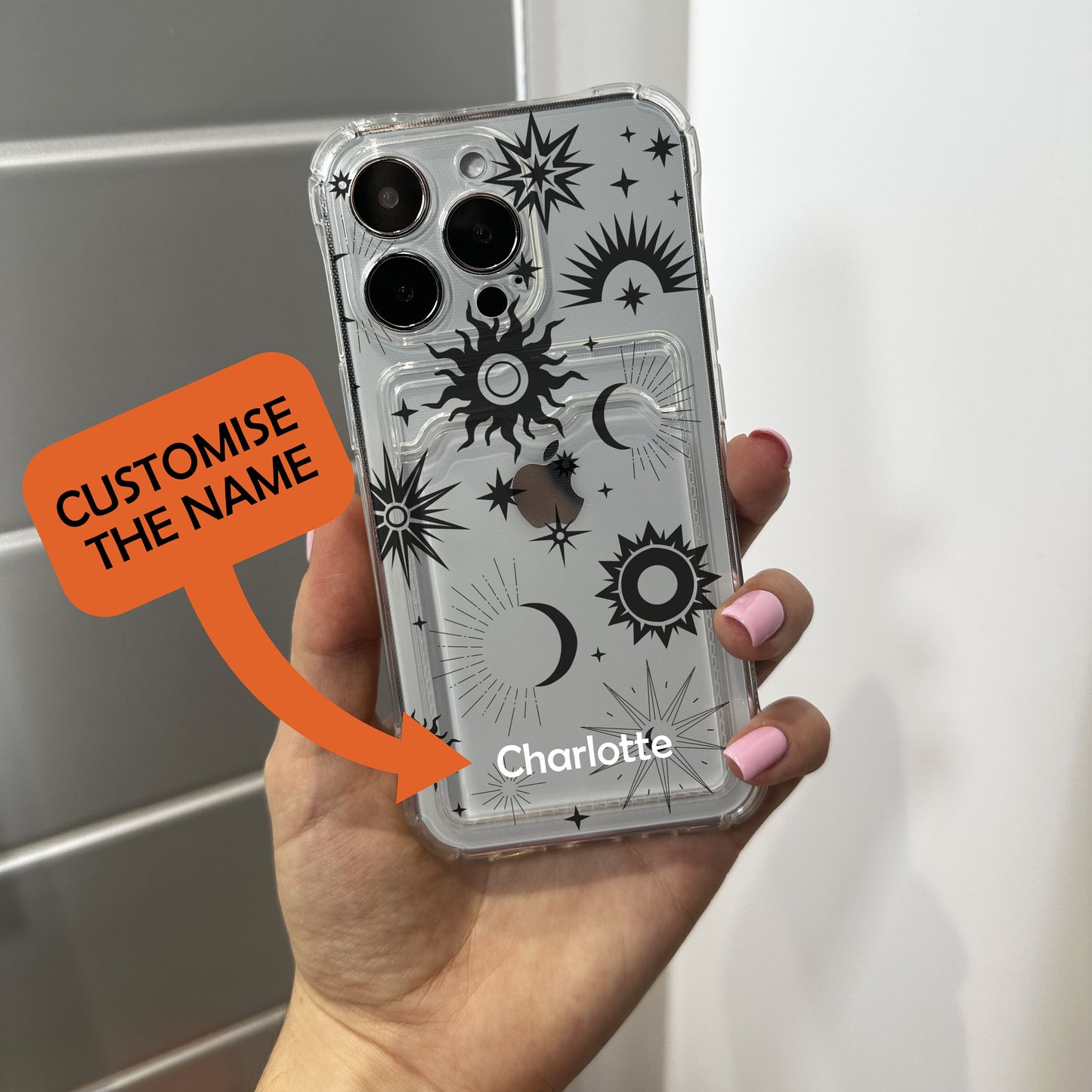 Cosmic Sun Card Holder Phone Case for iPhone 17 16 15 14 13 12 11 11 Pro Max Mini 7 8 XR XS X Wallet Shockproof Phone Cover with Custom Name