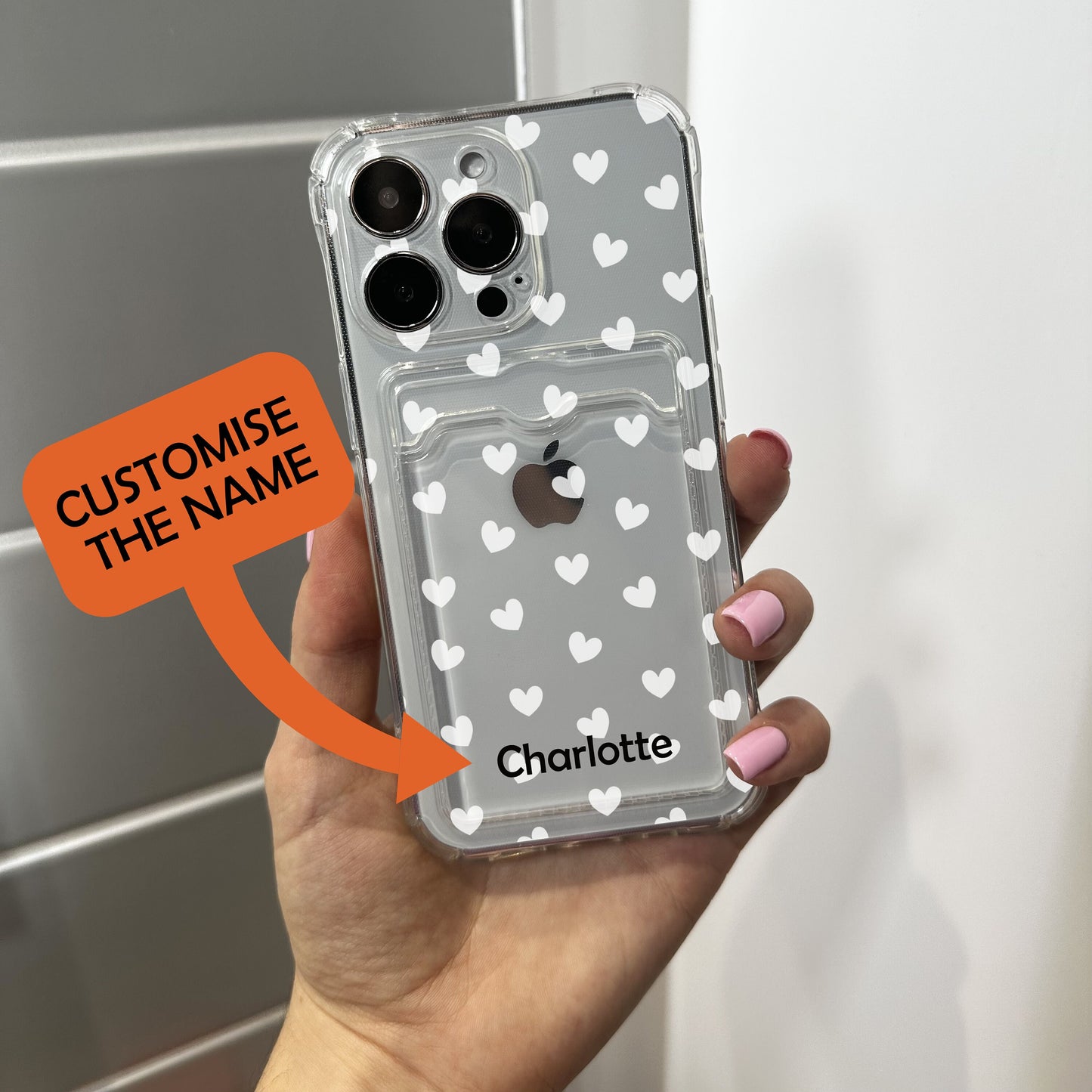 White Heart Card Holder Clear Phone Case for iPhone 17 16 15 14 13 12 11 11 Pro Max Mini 7 8 XR XS X Shockproof Phone Cover Customised Name