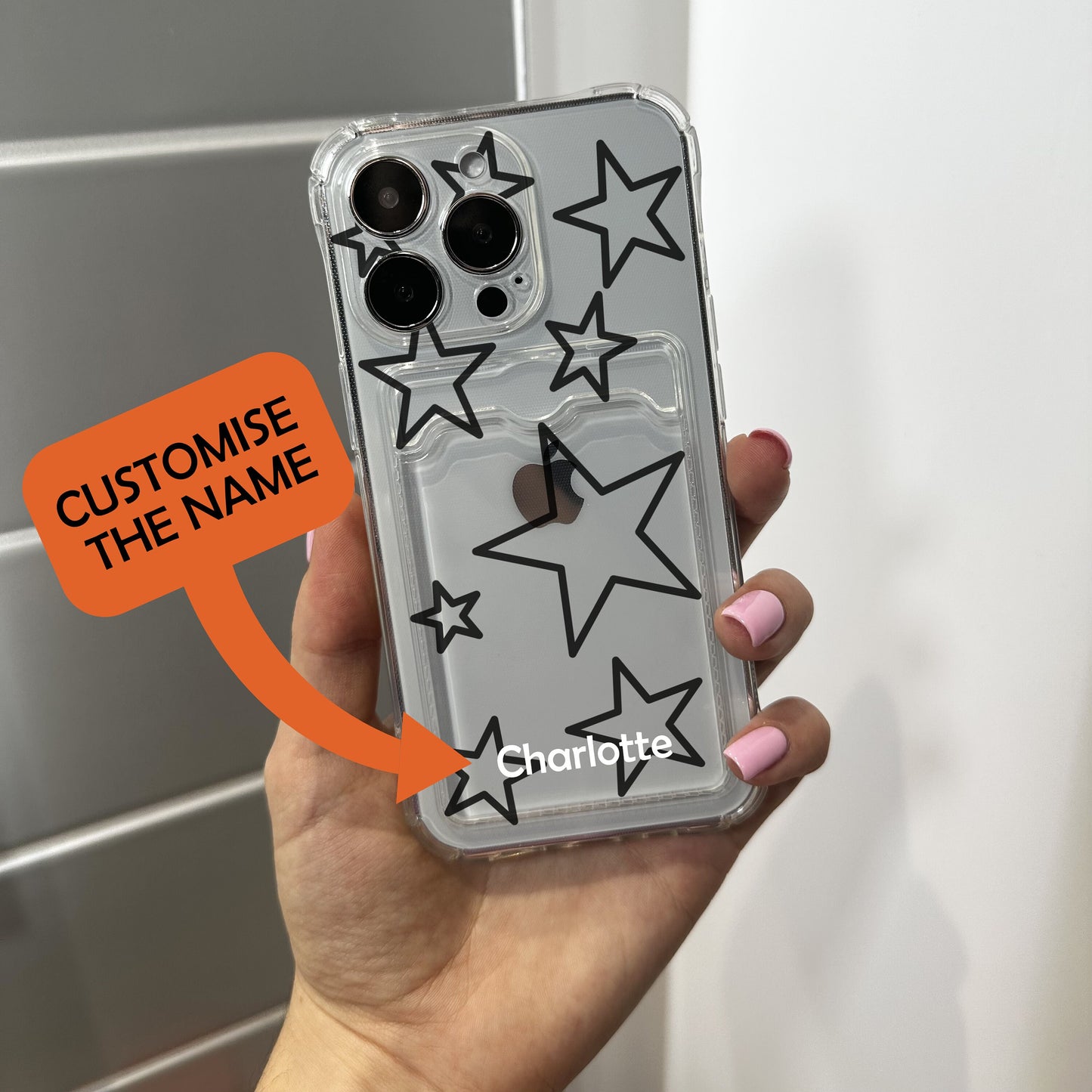 Star Card Holder Clear Phone Case for iPhone 17 16 15 14 13 12 11 11 Pro Max Mini 7 8 XR X Wallet Shockproof Phone Cover with Custom Name