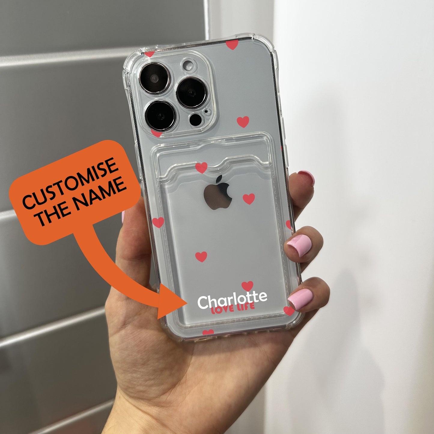 Red Heart Cute Card Holder Phone Case for iPhone 17 16 15 14 13 12 11 11 Pro Max Mini 7 8 XR XS X Shockproof Phone Cover with Custom Name