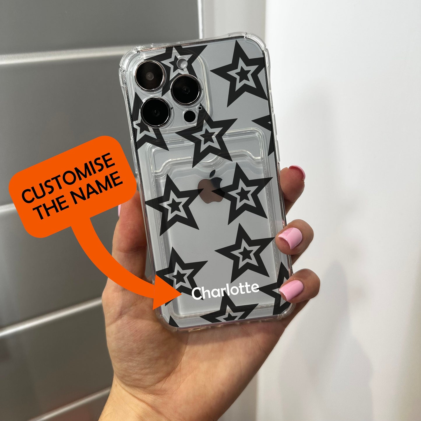 Star Pattern Card Holder Phone Case for iPhone 15 14 13 12 11 11 Pro Max Mini 7 8 XR XS X Wallet Shockproof Phone Cover with Customised Name