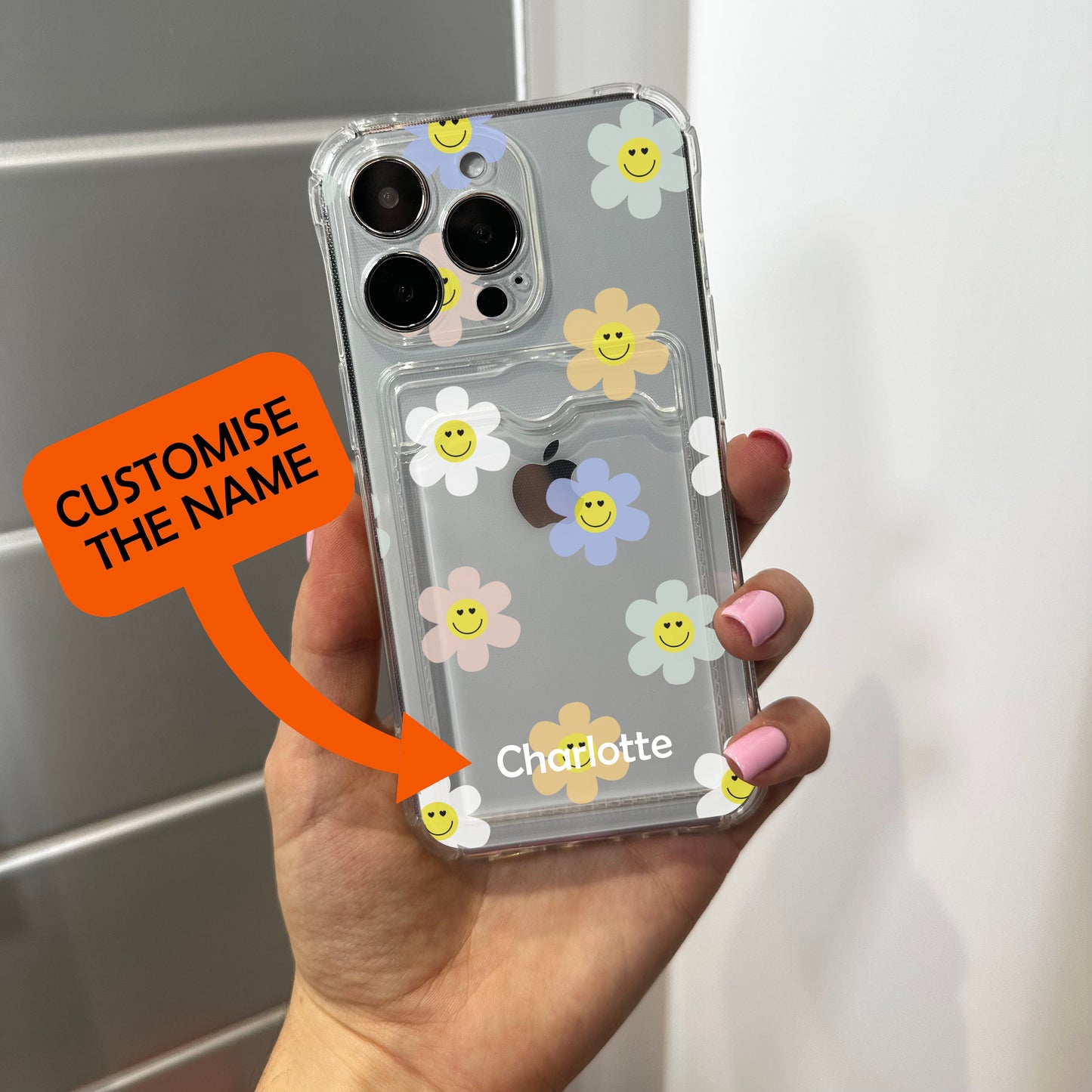 Floral Cute Clear Card Holder Phone Case for iPhone 17 16 15 14 13 12 11 11 Pro Max Mini 7 8 XR XS X Shockproof Phone Cover Customised Name