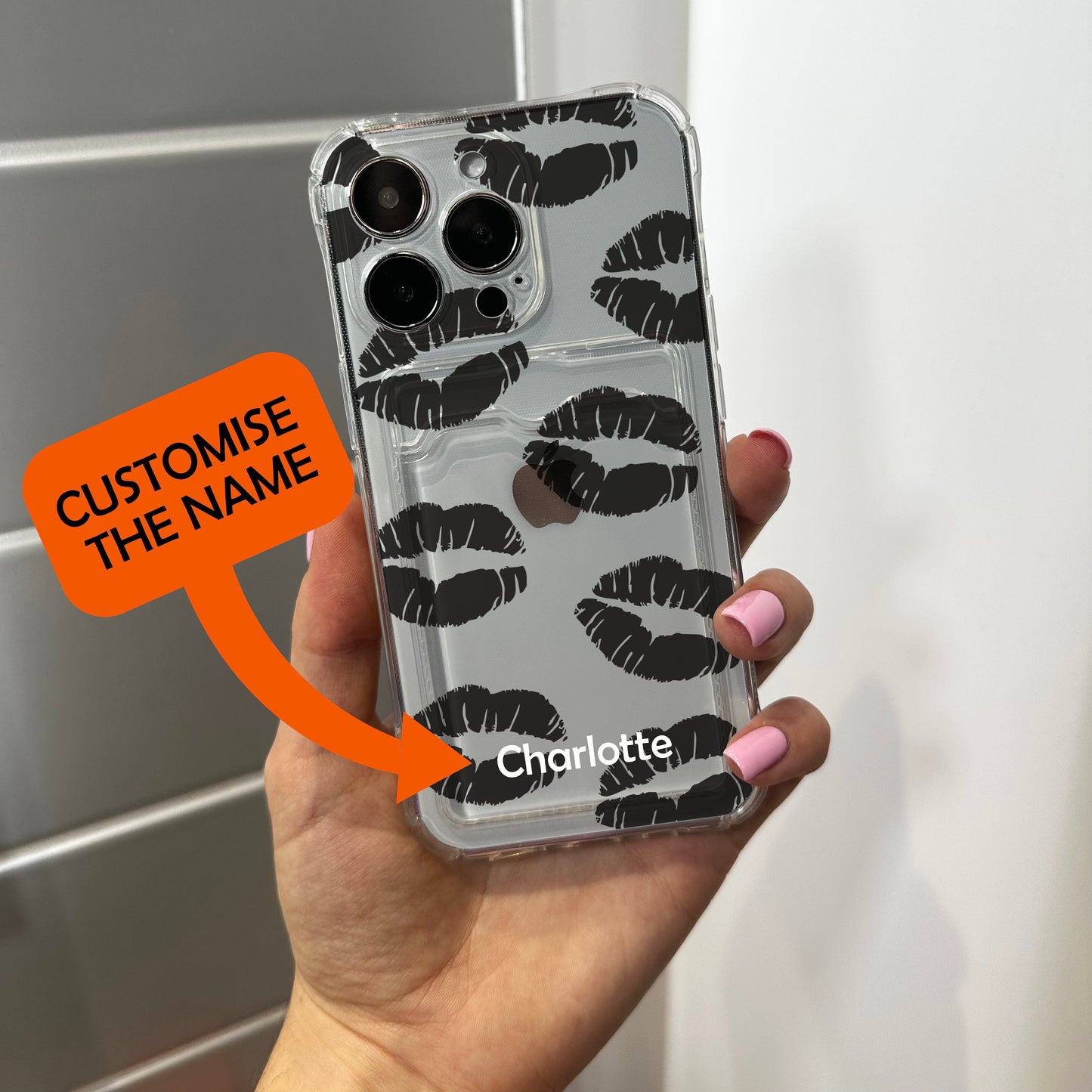 Lip Kiss Card Holder Phone Case for iPhone 17 16 15 14 13 12 11 11 Pro Max Mini 7 8 XR XS X Wallet Shockproof Phone Cover with Custom Name