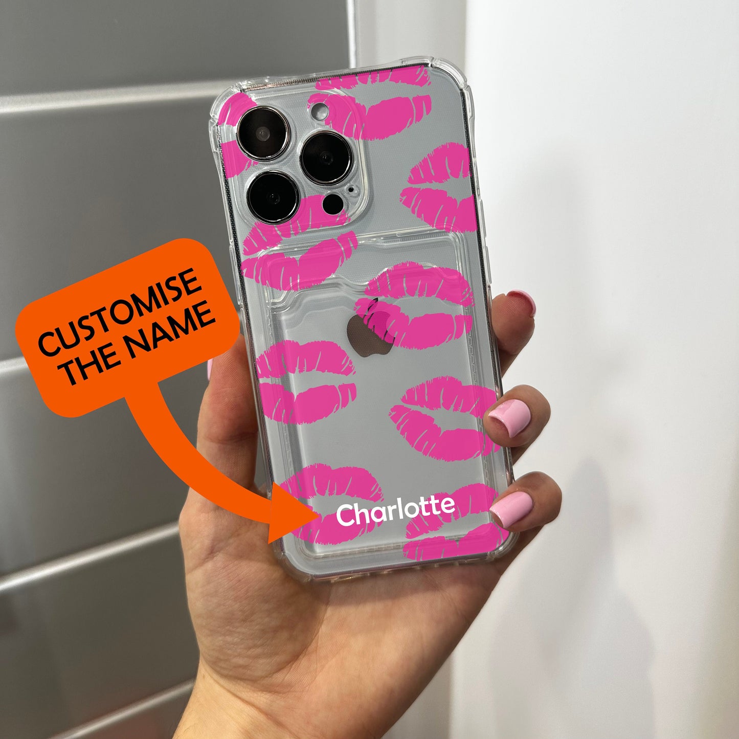 Pink Lips Card Holder Phone Case for iPhone 17 16 15 14 13 12 11 11 Pro Max Mini 7 8 XR XS X Wallet Shockproof Phone Cover with Custom Name