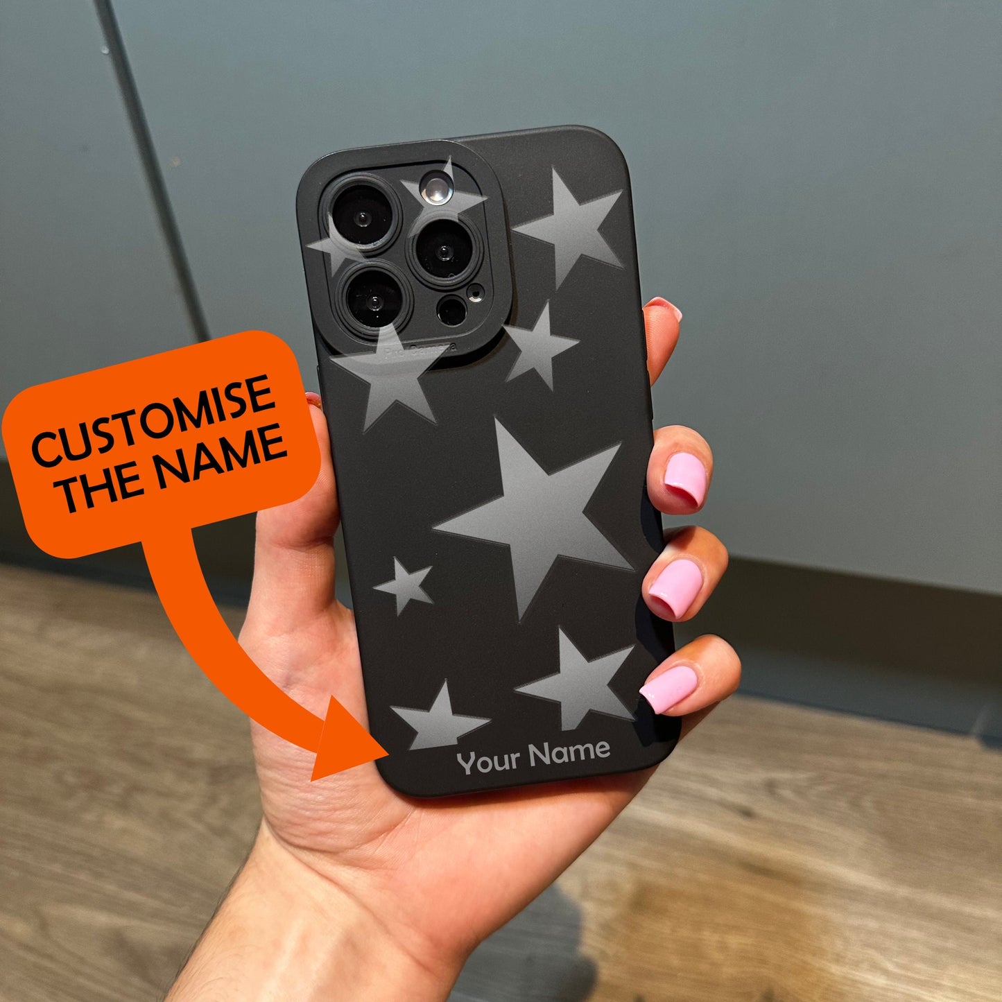 Silver Star Black Phone Case for iPhone 15 14 13 12 11 11 Pro Max Mini 7 8 XR XS X Shockproof Phone Cover with Customised Name