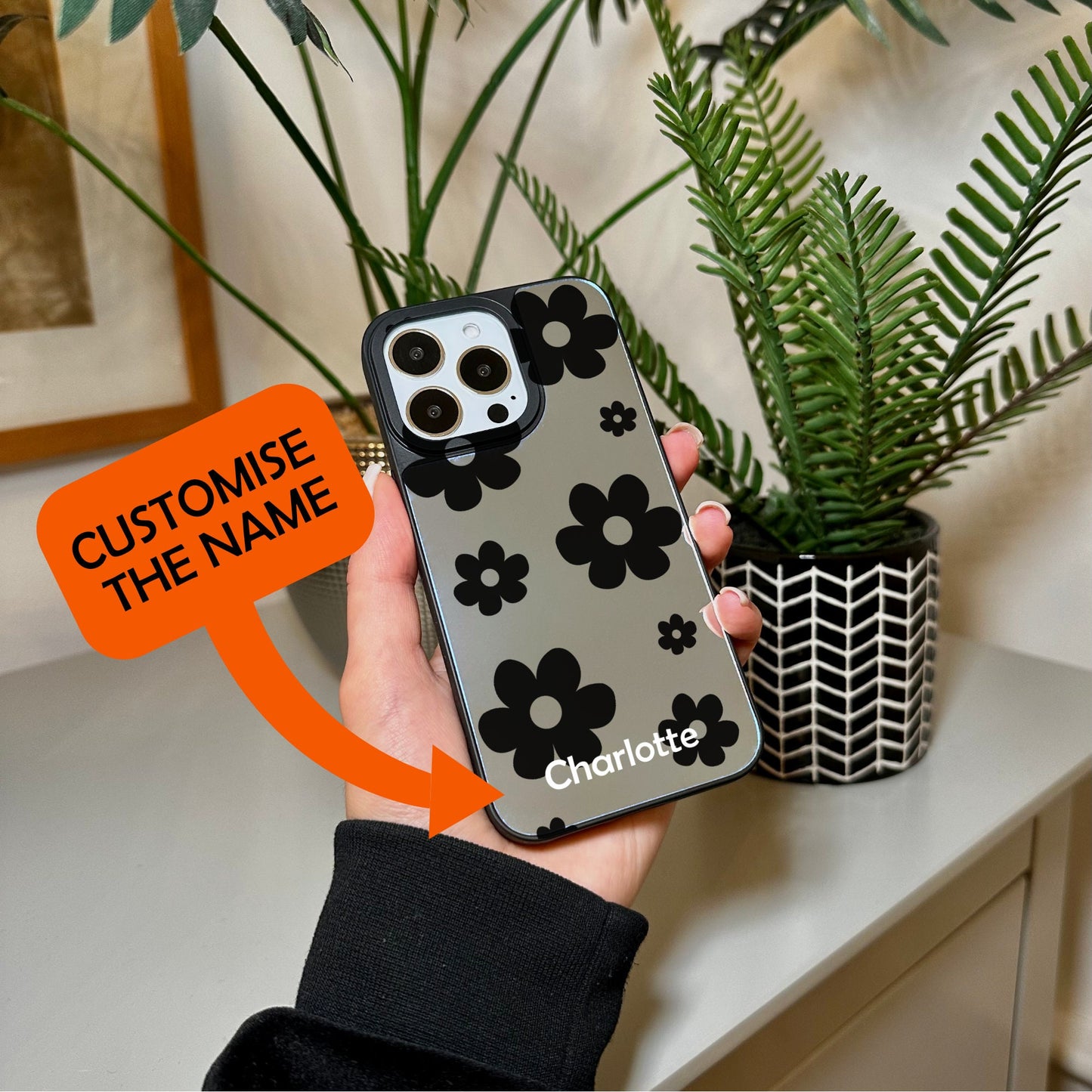 Floral Print Mirror Phone Case for iPhone 15 14 13 12 11 11 Pro Max Mini 7 8 XR XS X Shockproof Phone Cover for Make Up with Customised Name