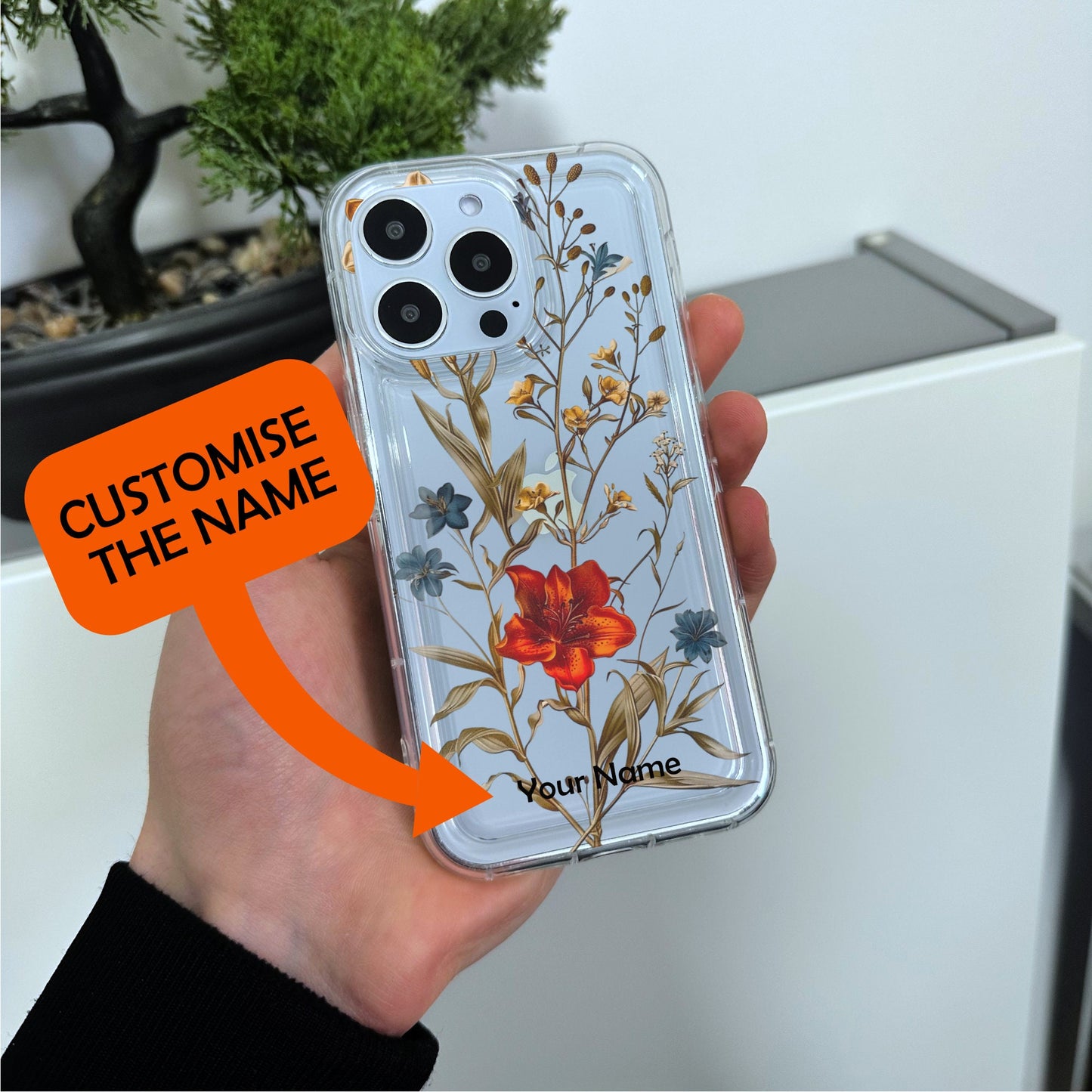 Pressed Flower Print Clear Phone Case for iPhone 15 14 13 12 11 11 Pro Max Mini 7 8 XR XS X Shockproof Silicone Phone Cover with Custom Name