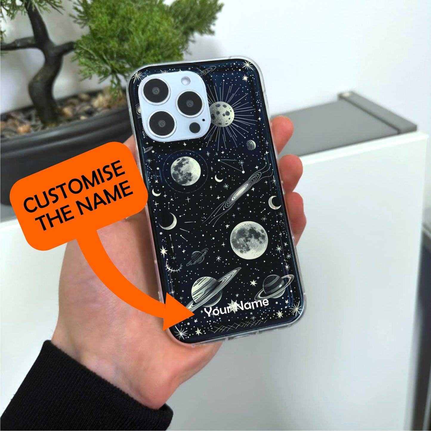 Celestial Moon Star Planet Phone Case for iPhone 15 14 13 12 11 11 Pro Max Mini 7 8 XR XS X Shockproof Silicone Phone Cover with Custom Name