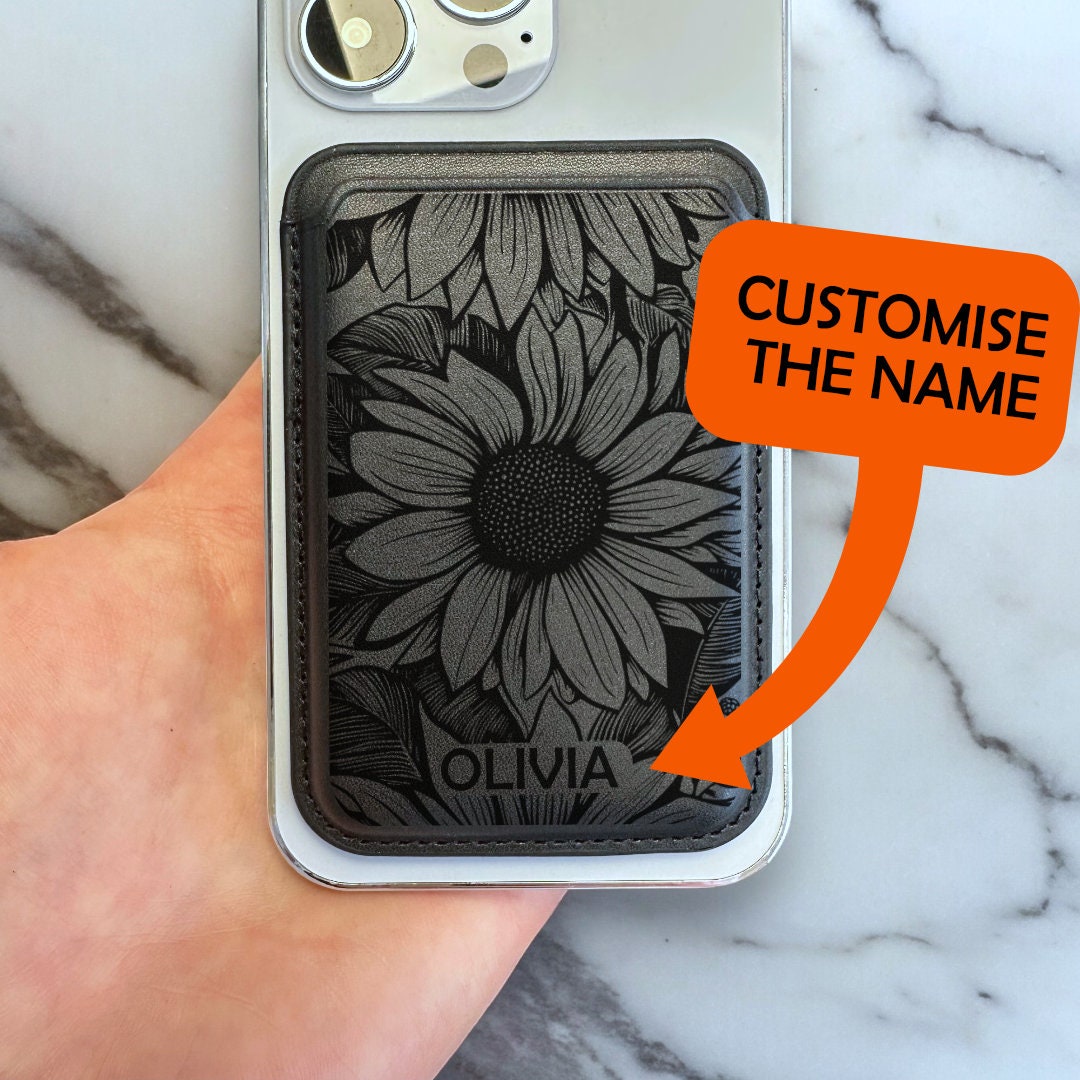 Black Sunflower Print MagSafe Wallet Vegan Leather Floral Wallet for iPhone 15 14 13 12 Magnetic iPhone Card Holder with Personalised Name