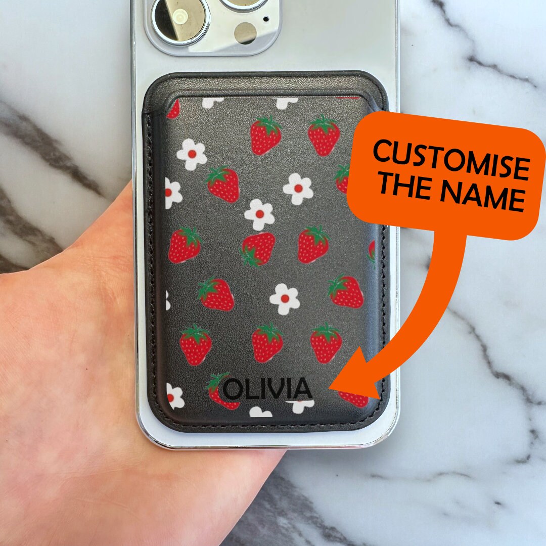 Strawberry Flower Print MagSafe Wallet Vegan Leather Wallet for iPhone 15 14 13 12 Magnetic iPhone Card Holder with Personalised Name