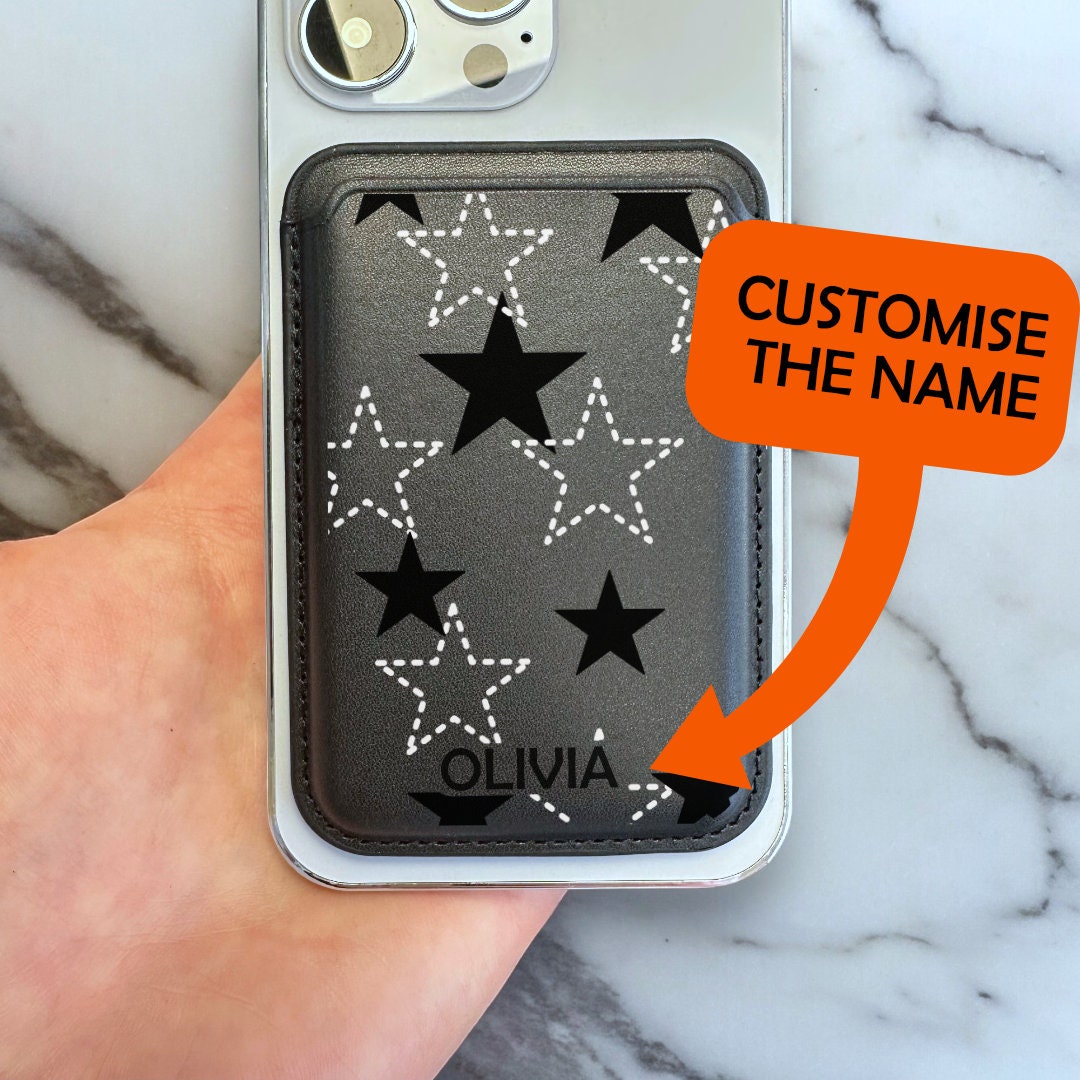 Star Pattern Black MagSafe Wallet Vegan Leather Wallet for iPhone 15 14 13 12 Magnetic iPhone Card Holder with Personalised Name