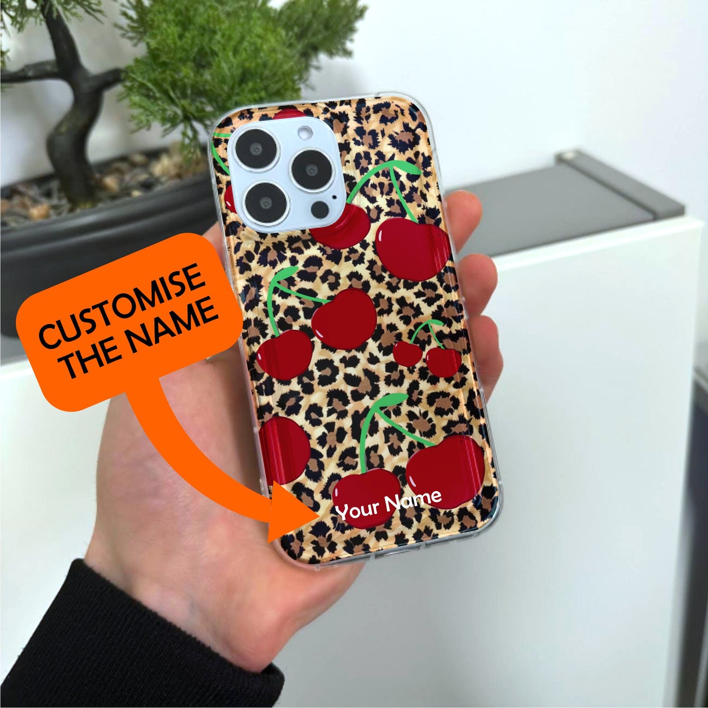 Leopard Cheetah Cherry Pattern Phone Case for iPhone 15 14 13 12 11 11 Pro Max Mini 7 8 XR XS X Shockproof Silicone Phone Cover Custom Name
