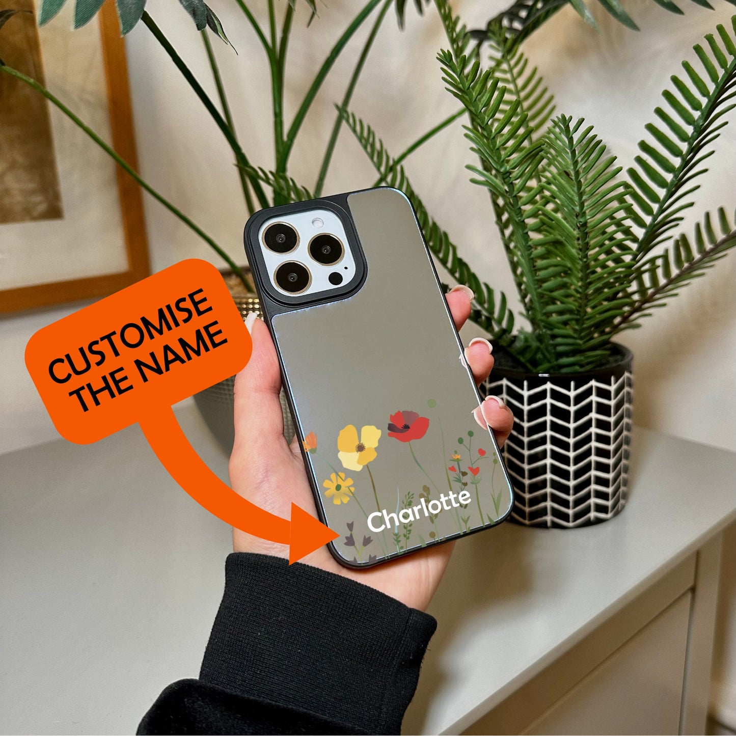 Floral Flower Mirror Phone Case for iPhone 15 14 13 12 11 11 Pro Max Mini 7 8 XR XS X Shockproof Phone Cover for Make Up with Custom Name