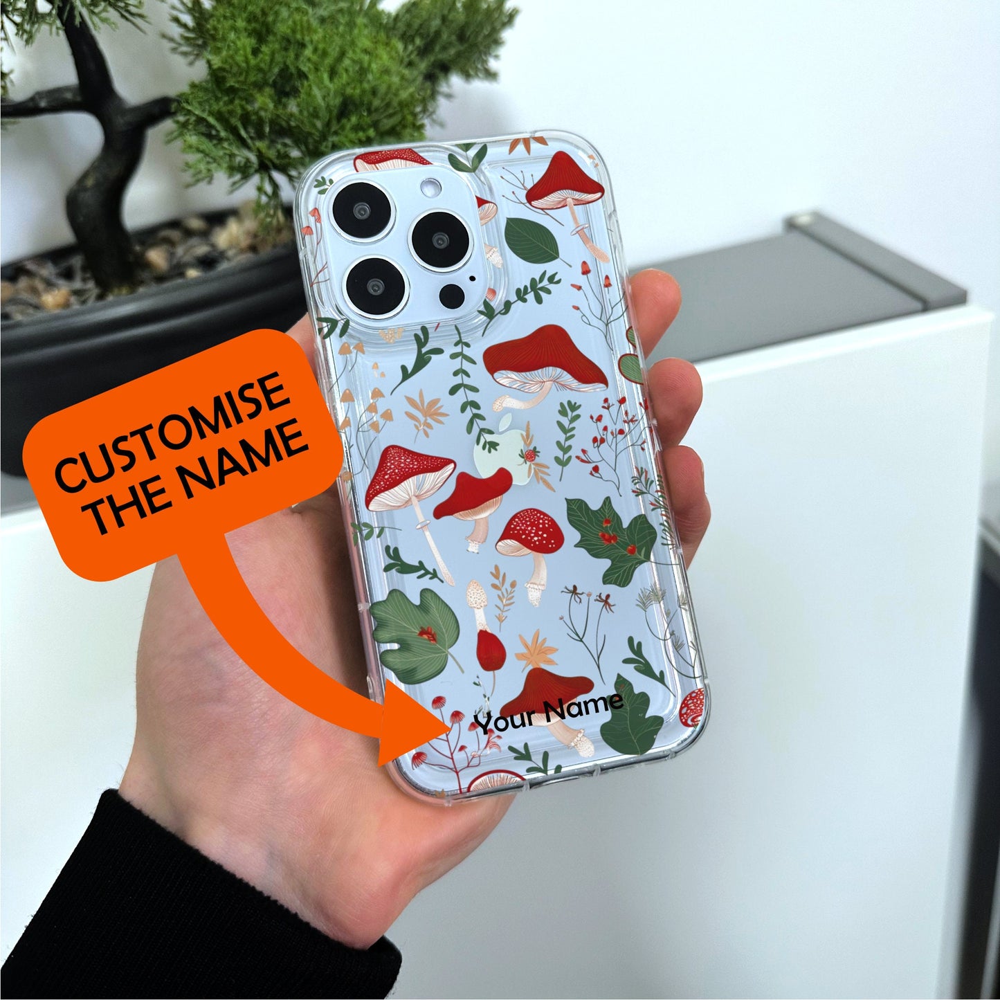 Red Mushroom Leaf Clear Phone Case for iPhone 15 14 13 12 11 11 Pro Max Mini 7 8 XR XS X Shockproof Silicone Phone Cover Custom Name