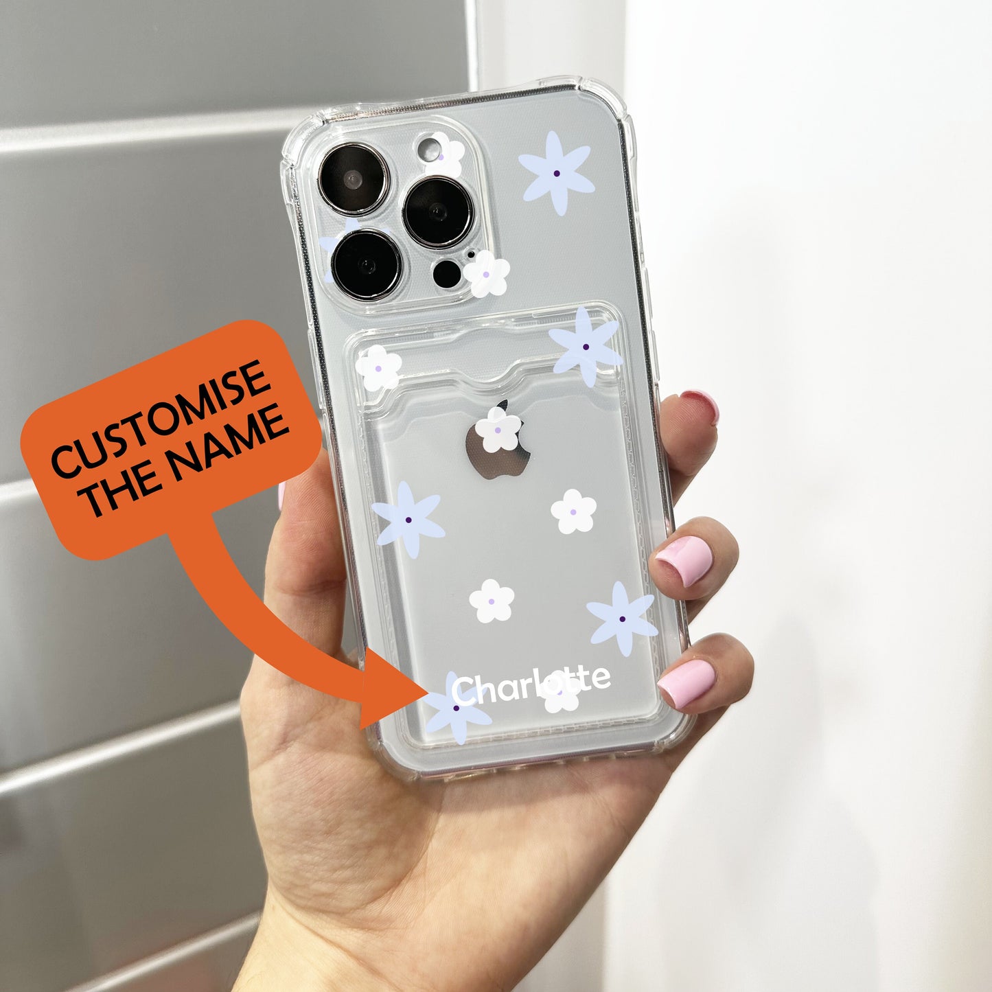 Pastel Blue Floral Card Holder Phone Case for iPhone 17 16 15 14 13 12 11 11 Pro Max Mini 7 8 X Wallet Shockproof Phone Cover Custom Name