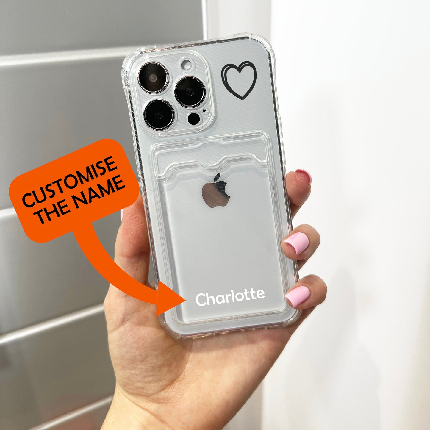 Black Heart Clear Card Holder Phone Case for iPhone 15 14 13 12 11 11 Pro Max Mini 7 8 XR XS X Shockproof Phone Cover with Customised Name