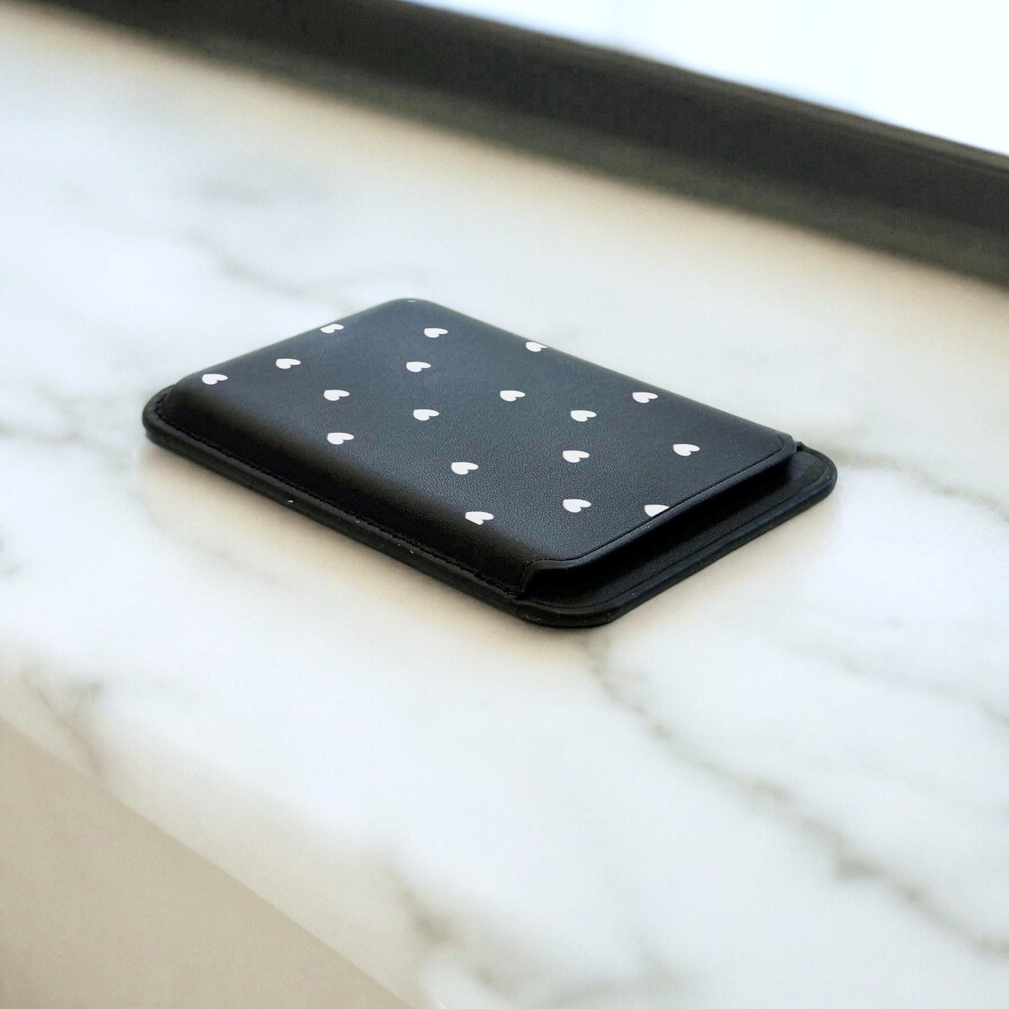 White Heart Print Black MagSafe Wallet Vegan Leather MagSafe Wallet for iPhone 15 14 13 12 Magnetic iPhone Card Holder with Custom Name