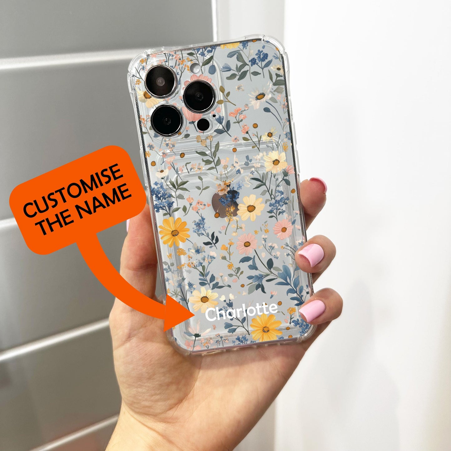 Floral Cute Card Holder Phone Case for iPhone 17 16 15 14 13 12 11 11 Pro Max Mini 7 8 XR XS X Wallet Shockproof Phone Cover Customised Name