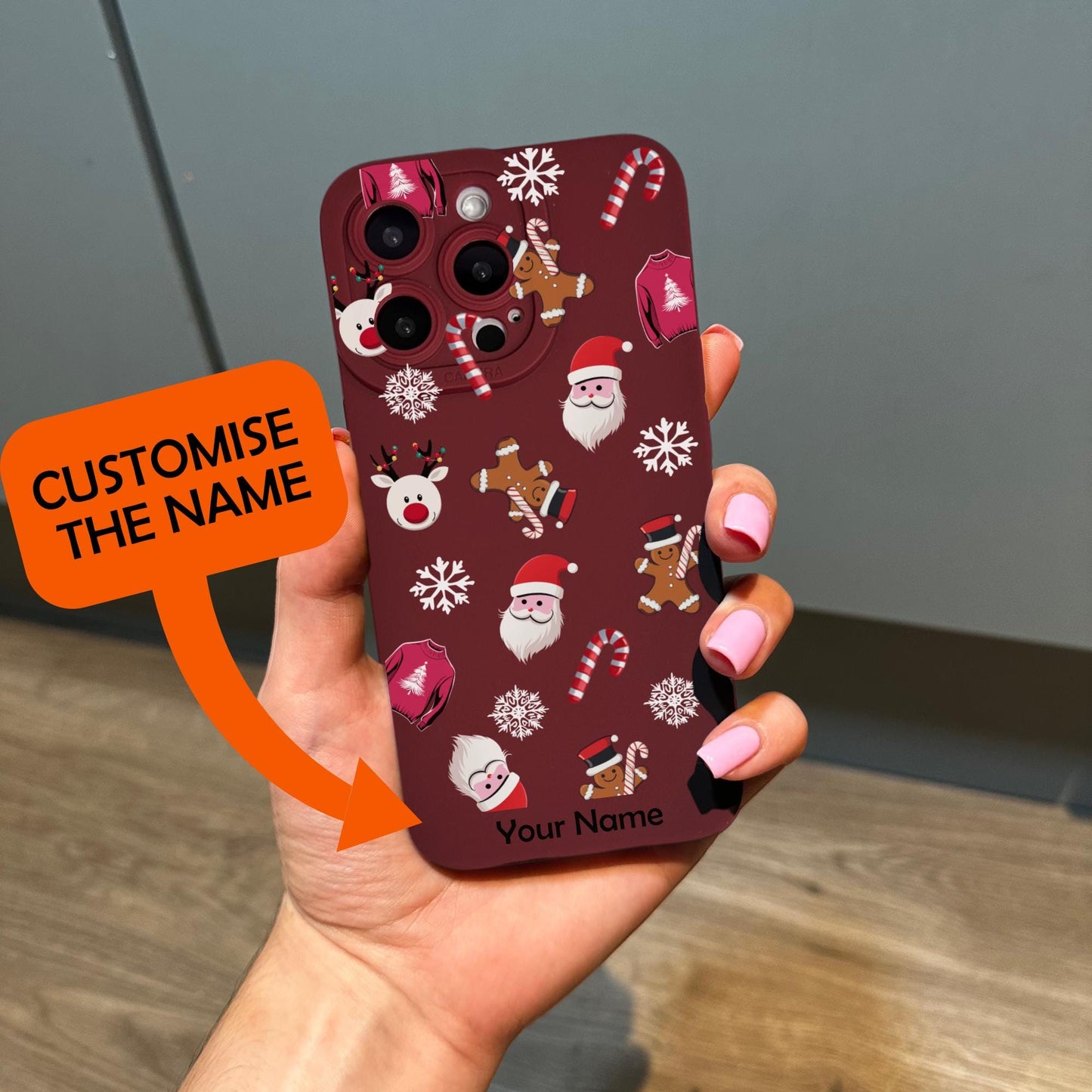 Santa Reindeer Snowflakes Gingerbread Burgundy Phone Case for iPhone 16 15 14 13 12 11 11 Pro Max Mini 7 8 SE XR XS X Shockproof Phone Cover
