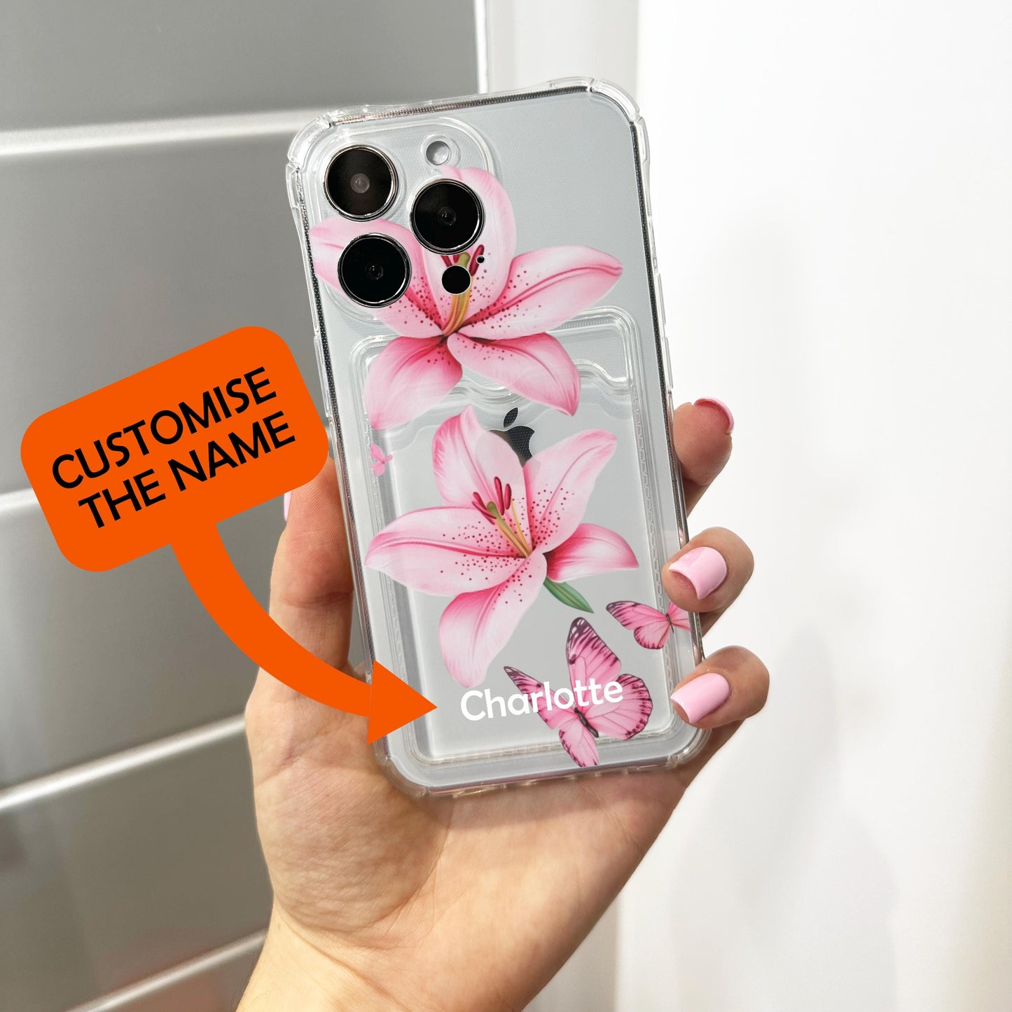 Pink Lily Butterfly Card Holder Phone Case for iPhone 17 16 15 14 13 12 11 11 Pro Max Mini 7 8 XR Wallet Shockproof Phone Cover Custom Name