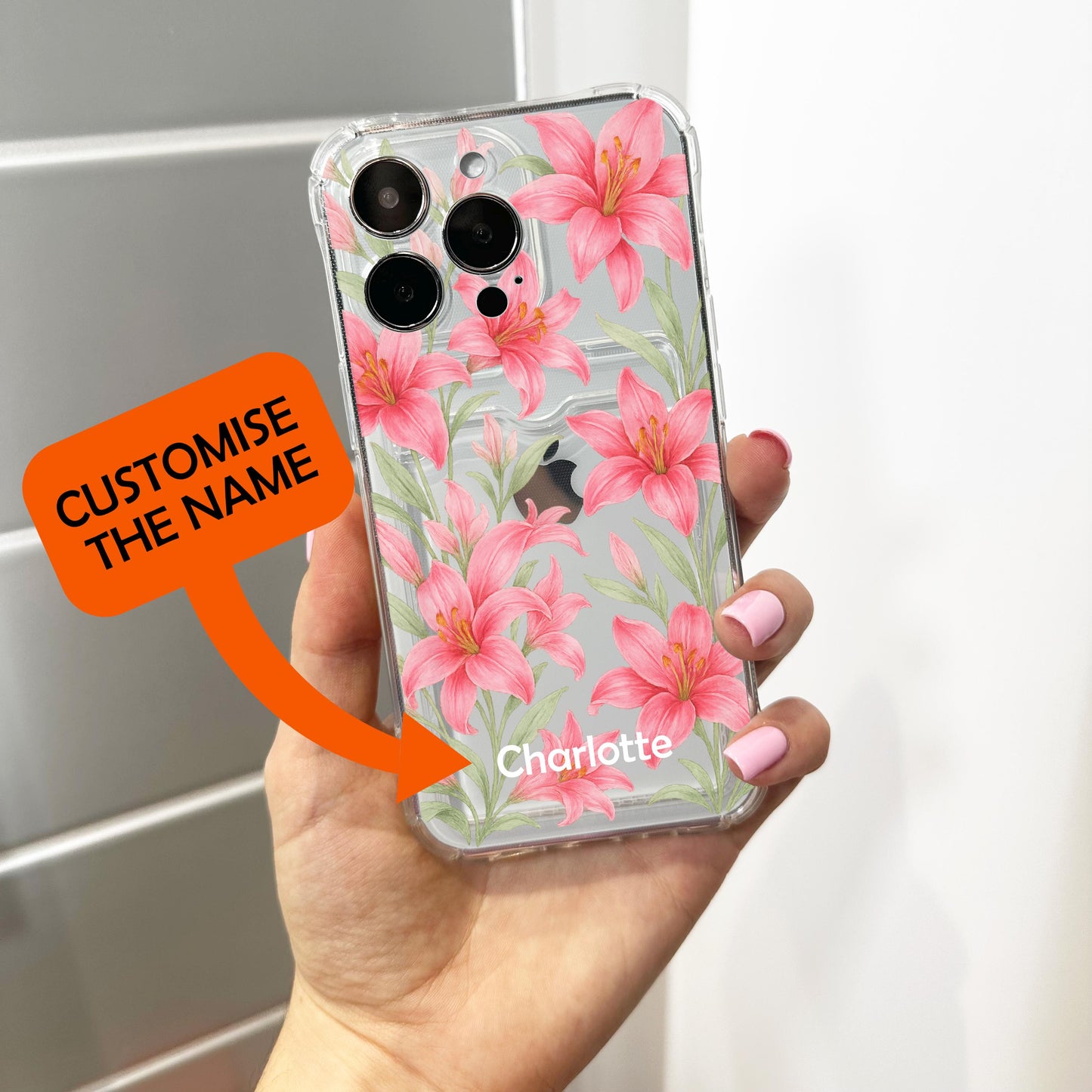 Pink Hibiscus Floral Card Holder Phone Case for iPhone 17 16 15 14 13 12 11 11 Pro Max Mini 7 8 XR Wallet Shockproof Phone Cover Custom Name