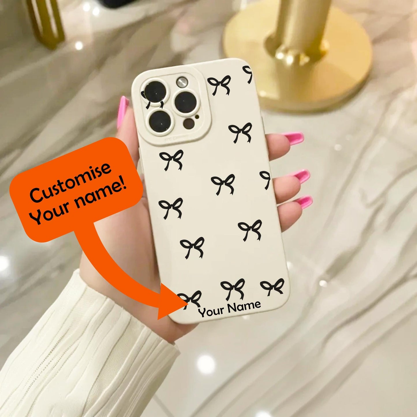 Black Bow Pattern Beige Phone Case for iPhone 17 16 15 14 13 12 11 11 Pro Max Mini 7 8 XR XS X Shockproof Phone Cover with Personalised Name