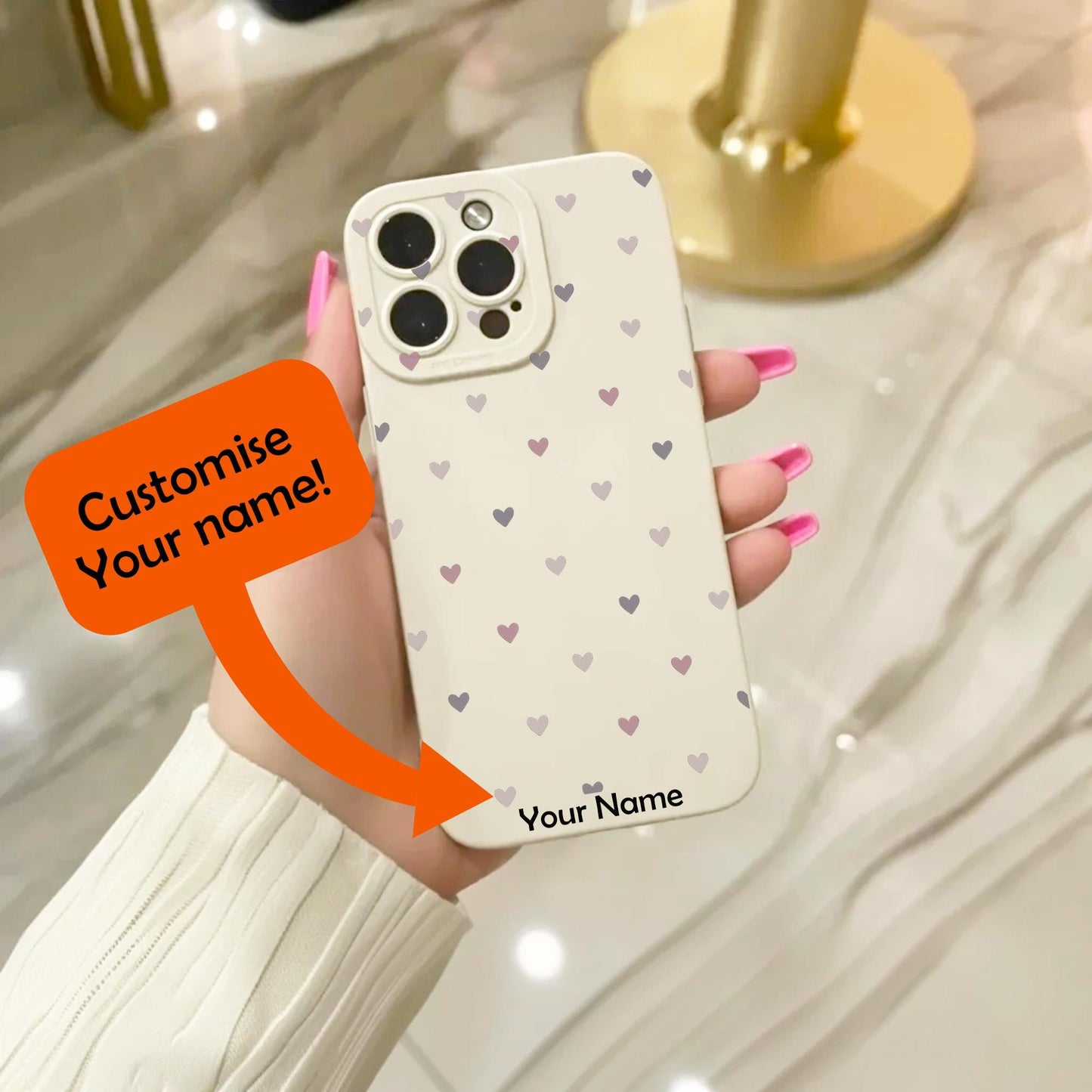 Pastel Heart Pattern Beige Phone Case for iPhone 17 16 15 14 13 12 11 11 Pro Max Mini 7 8 XR X Shockproof Phone Cover with Personalised Name