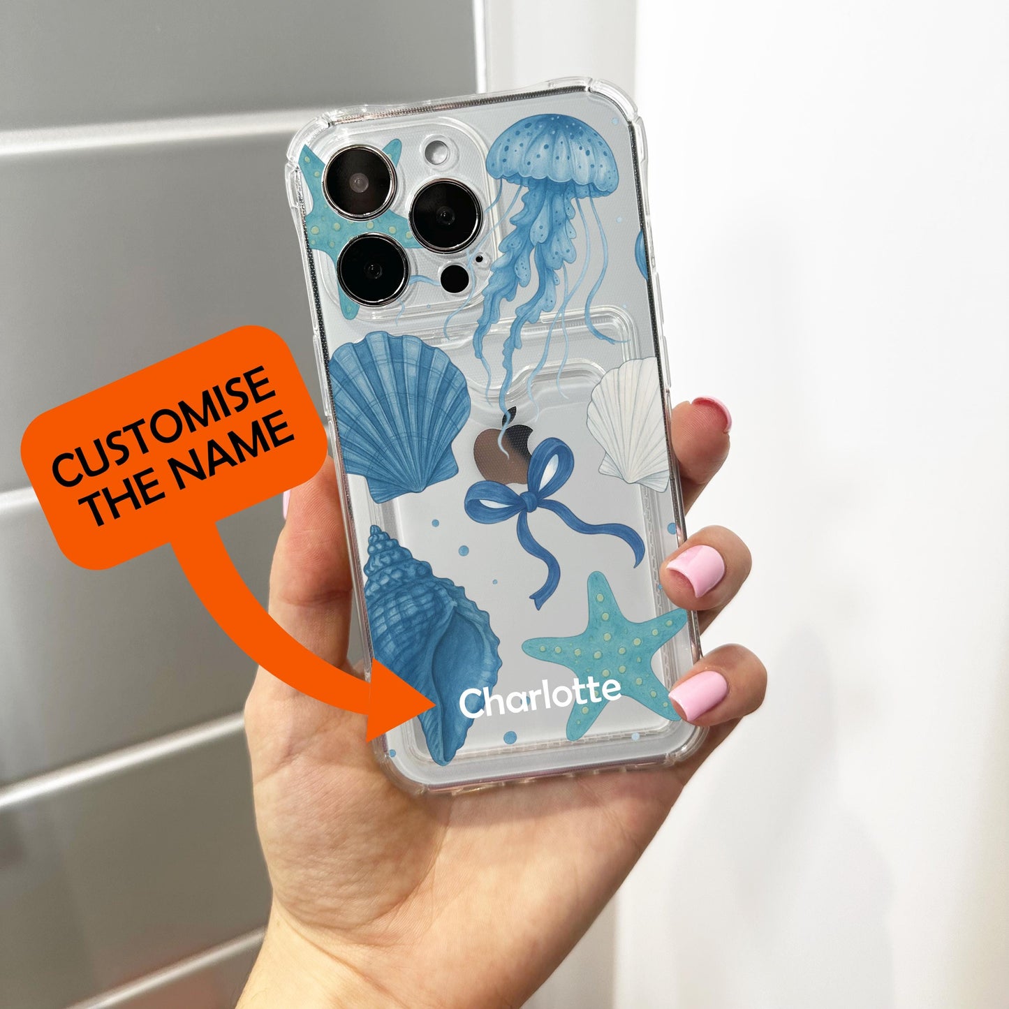 Shell Jelly Fish Bow Blue Ocean Card Holder Phone Case for iPhone 17 16 15 14 13 12 11 11 Pro Max Mini 7 8 XR Wallet Shockproof Phone Cover