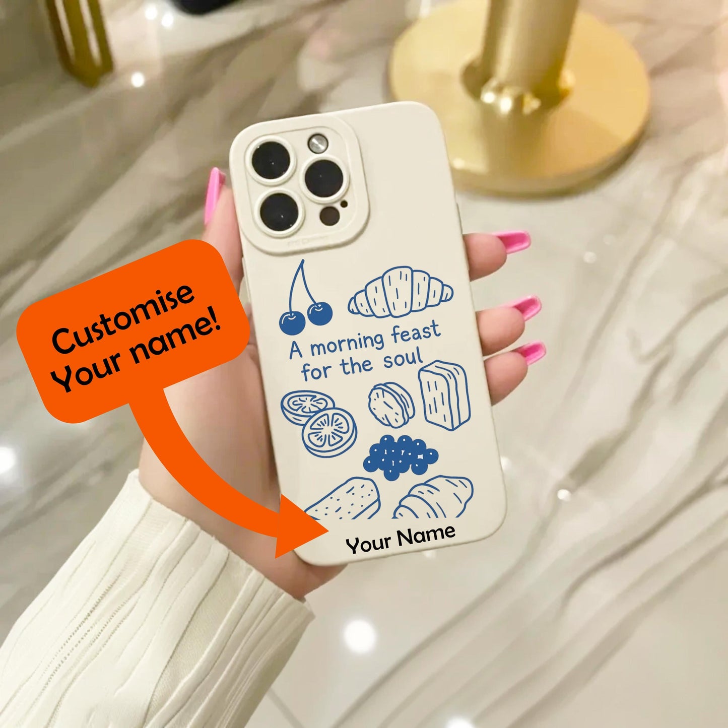 Breakfast Food Outline Beige Phone Case for iPhone 16 15 14 13 12 11 11 Pro Max Mini 7 8 XR XS X Shockproof Phone Cover with Custom Name