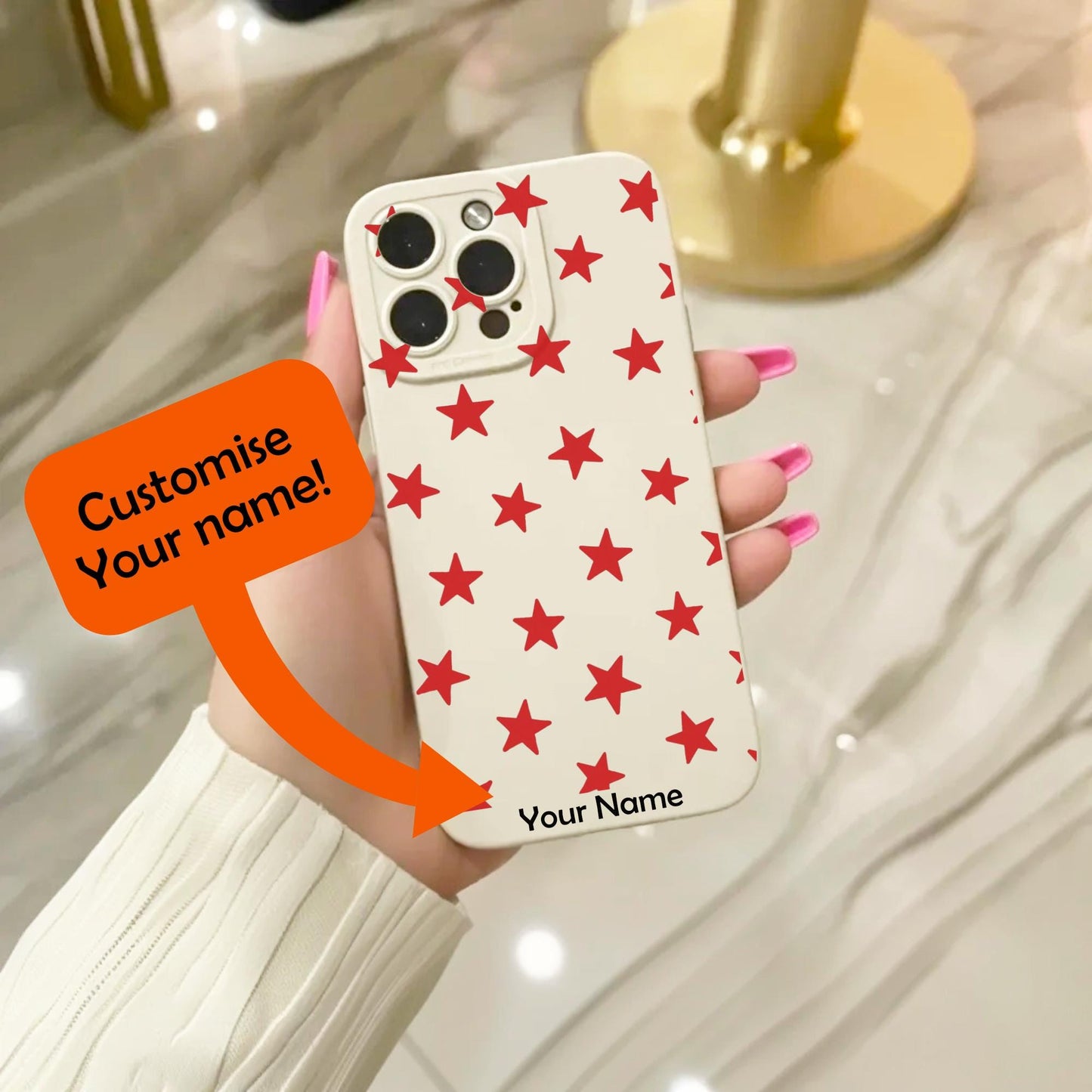 Red Star Pattern Beige Phone Case for iPhone 16 15 14 13 12 11 11 Pro Max Mini 7 8 XR XS X Shockproof Phone Cover with Personalised Name