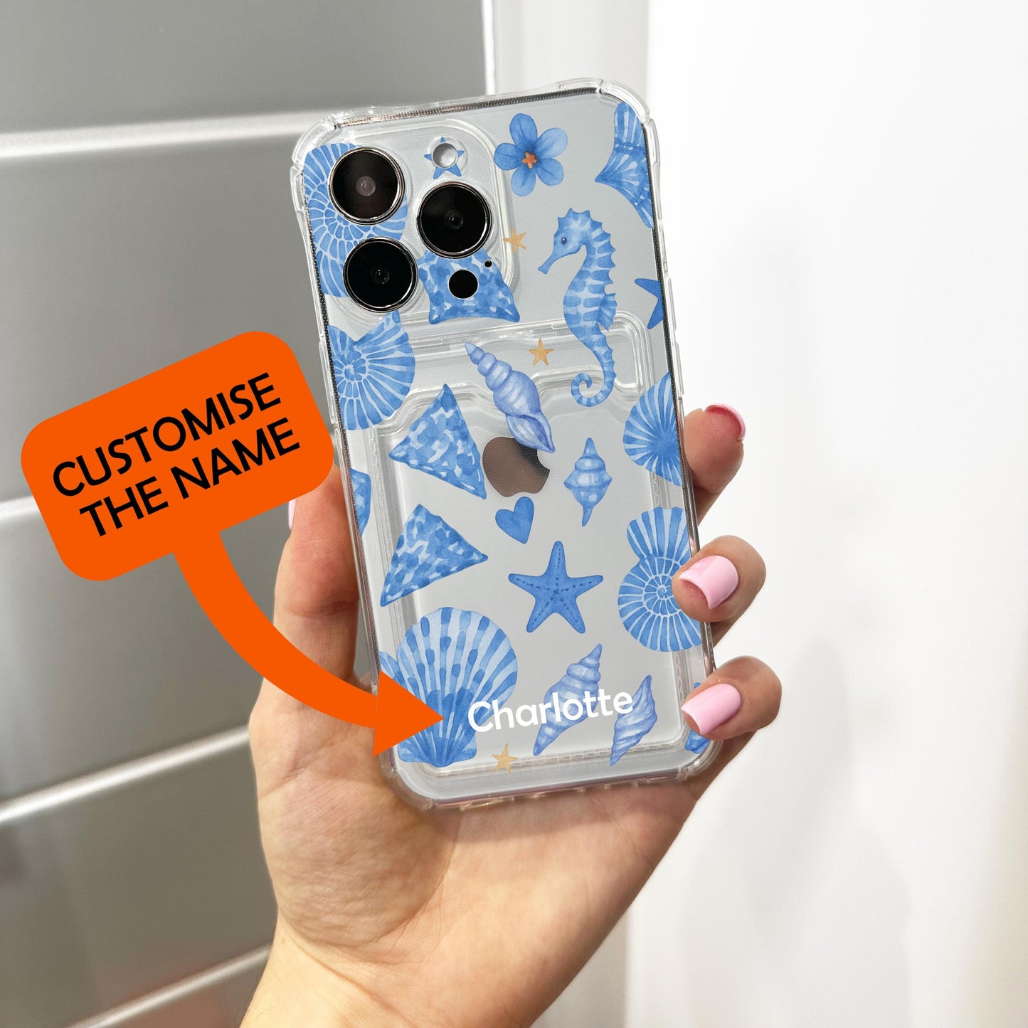 Blue Beach Theme Sea Horse Shell Pattern Clear Card Holder Phone Case for iPhone 17 16 15 14 13 12 11 11 Pro Max Mini Wallet Shockproof Case