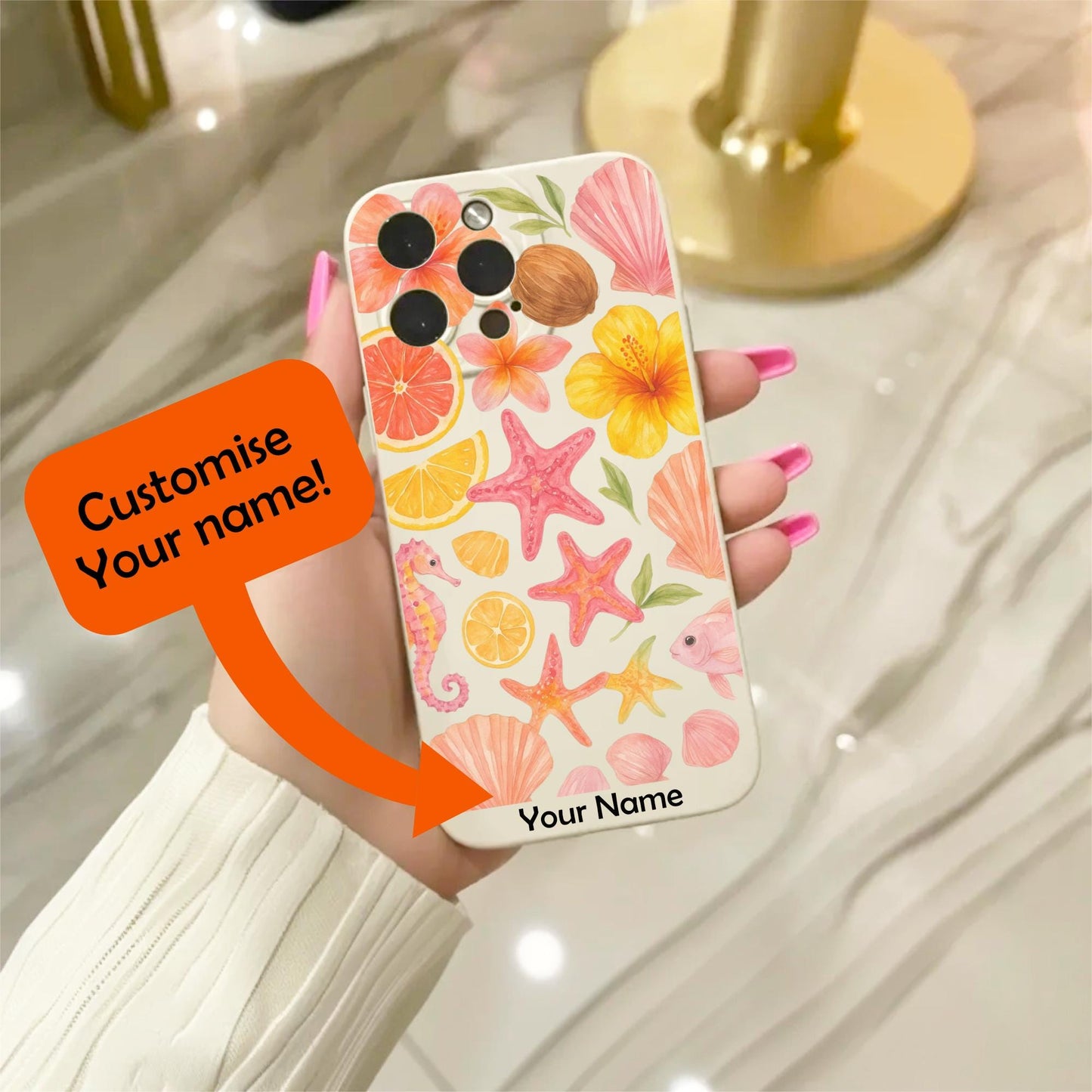 Hibiscus Flower Shell Seahorse Coconut Phone Case for iPhone 17 16 15 14 13 12 11 11 Pro Max Mini 7 8 XR XS X Shockproof Cover Custom Name