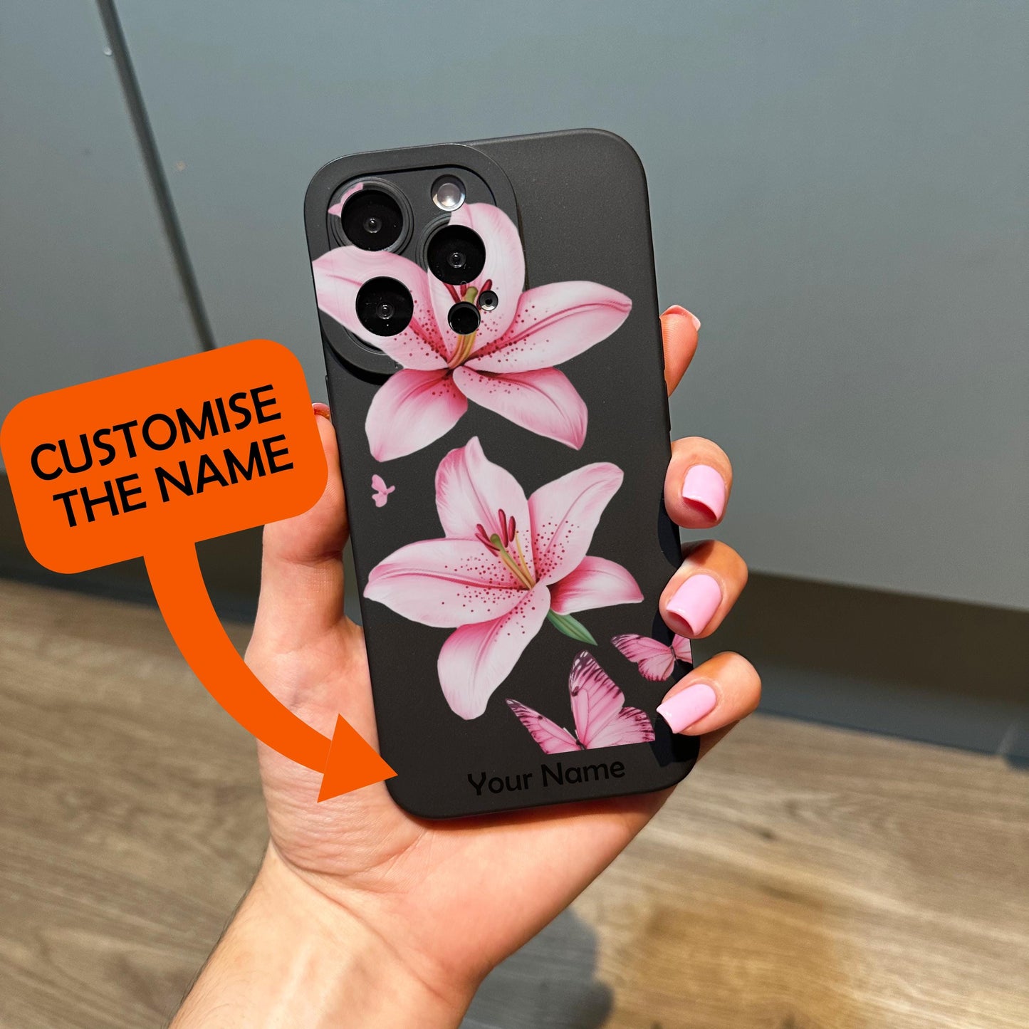 Pink Floral Lily Butterfly Black Phone Case for iPhone 17 16 15 14 13 12 11 11 Pro Max Mini 7 8 XR XS X Shockproof Phone Cover Custom Name