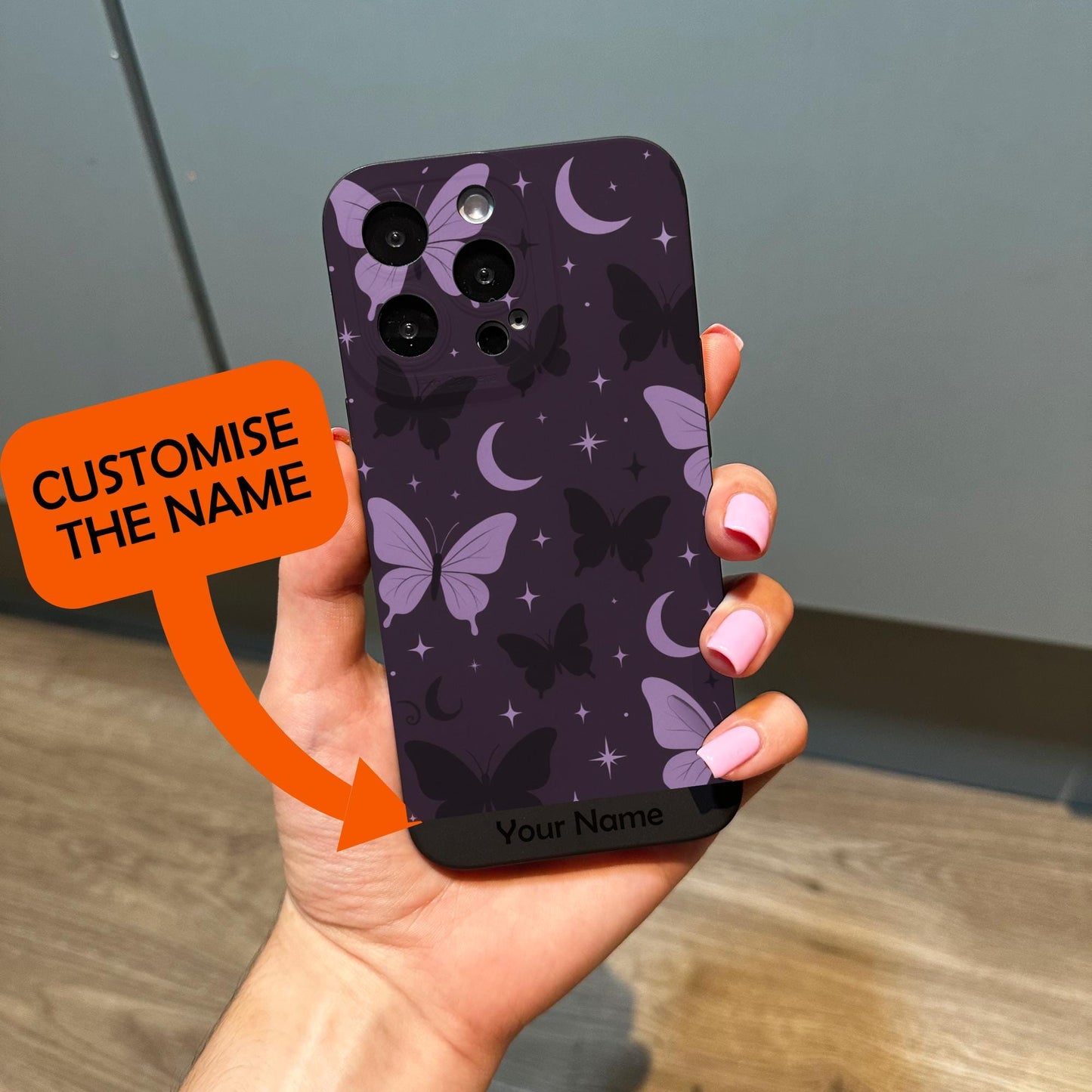 Butterfly Moon Pink Purple Pattern Phone Case for iPhone 17 16 15 14 13 12 11 11 Pro Max Mini 7 8 XR XS X Shockproof Phone Cover Custom Name