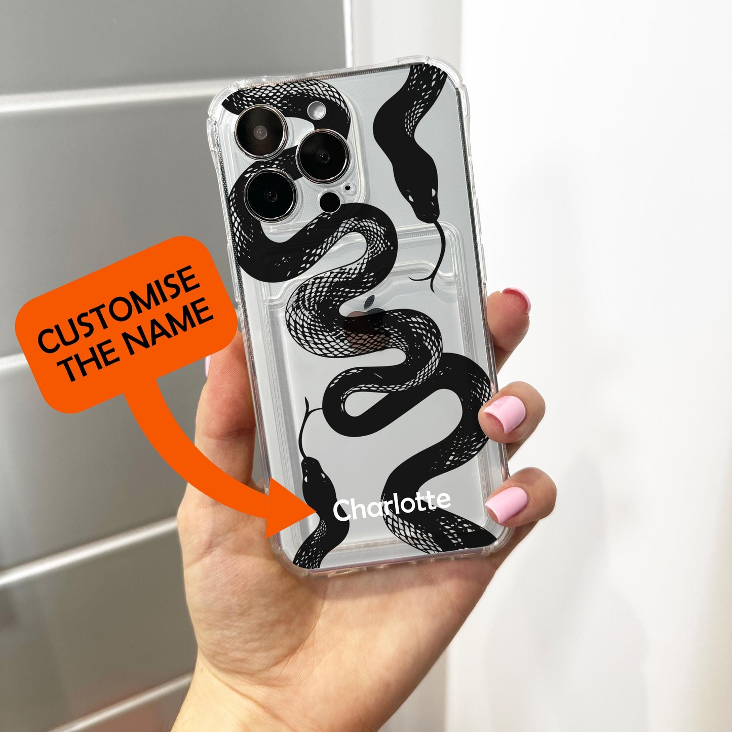 Snake Pattern Card Holder Phone Case for iPhone 17 16 15 14 13 12 11 11 Pro Max Mini 7 8 XR Wallet Shockproof Phone Cover Custom Name