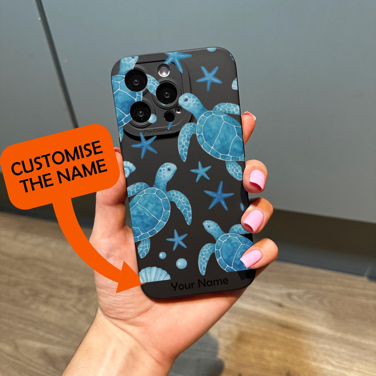 Blue Turtle Pattern Beach Black Phone Case for iPhone 17 16 15 14 13 12 11 11 Pro Max Mini 7 8 XR XS X Shockproof Phone Cover Custom Name