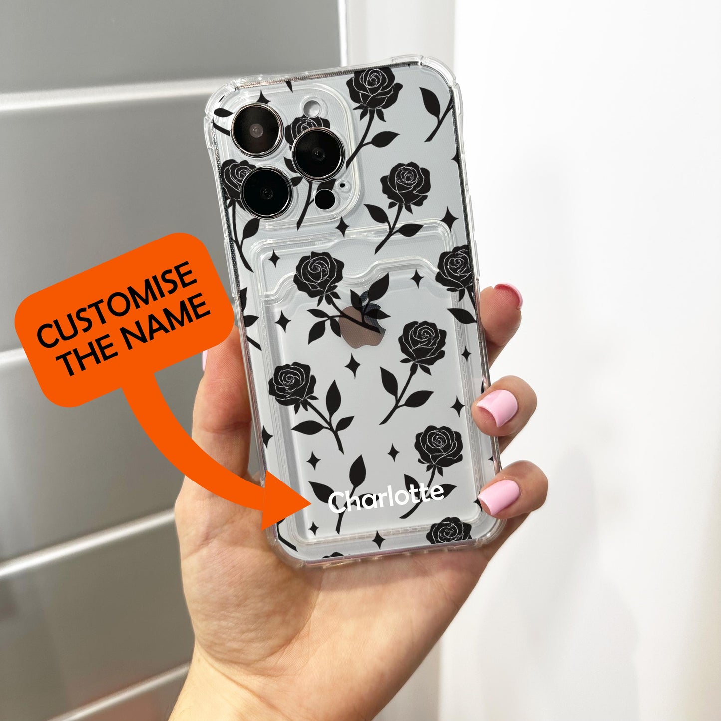 Black Rose Silhouettes Pattern Card Holder Phone Case for iPhone 17 16 15 14 13 12 11 11 Pro Max Mini 7 8 XR Wallet Shockproof Phone Cover