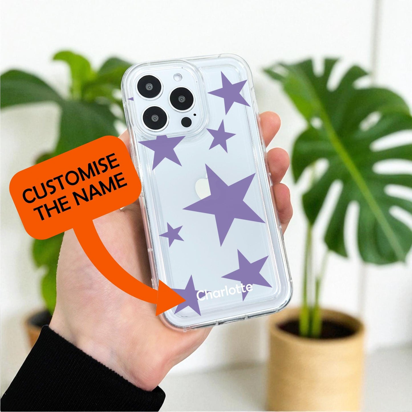 Purple Star Print Clear Phone Case for iPhone 17 16 15 14 13 12 11 11 Pro Max Mini 7 8 XR X Shockproof Slim Phone Cover with Customised Name
