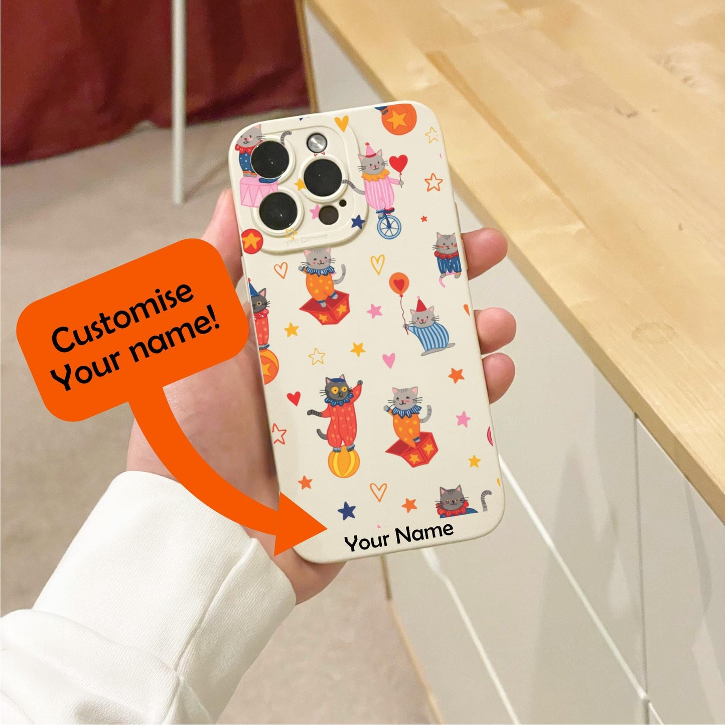 Cute Circus Cat Clown Kitten Beige Phone Case for iPhone 17 16 15 14 13 12 11 11 Pro Max Mini 7 8 XR XS X Shockproof Phone Cover Custom Name