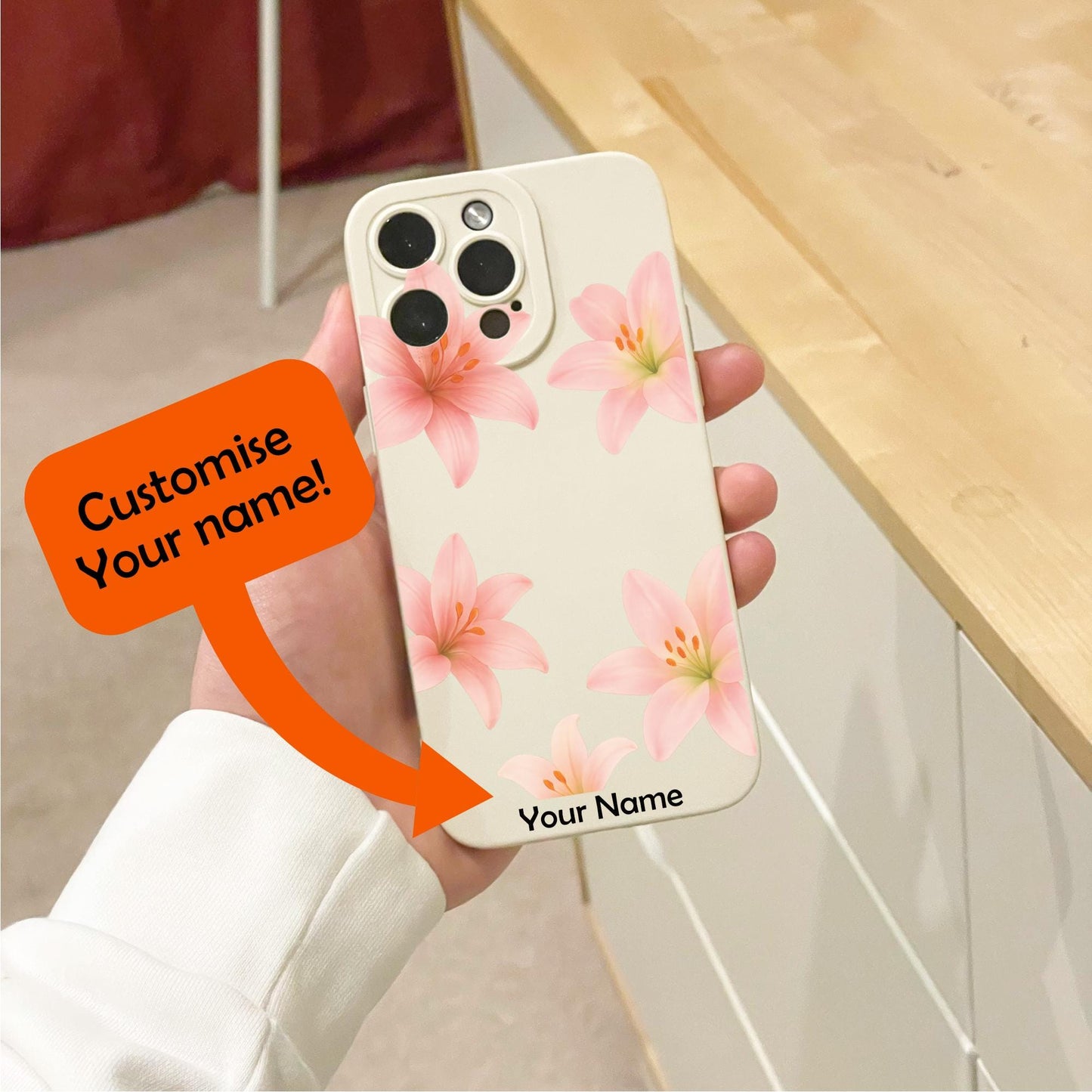 Pink Hibiscus Flower Beige Phone Case for iPhone 17 16 15 14 13 12 11 11 Pro Max Mini 7 8 XR XS X Shockproof Phone Cover with Custom Name