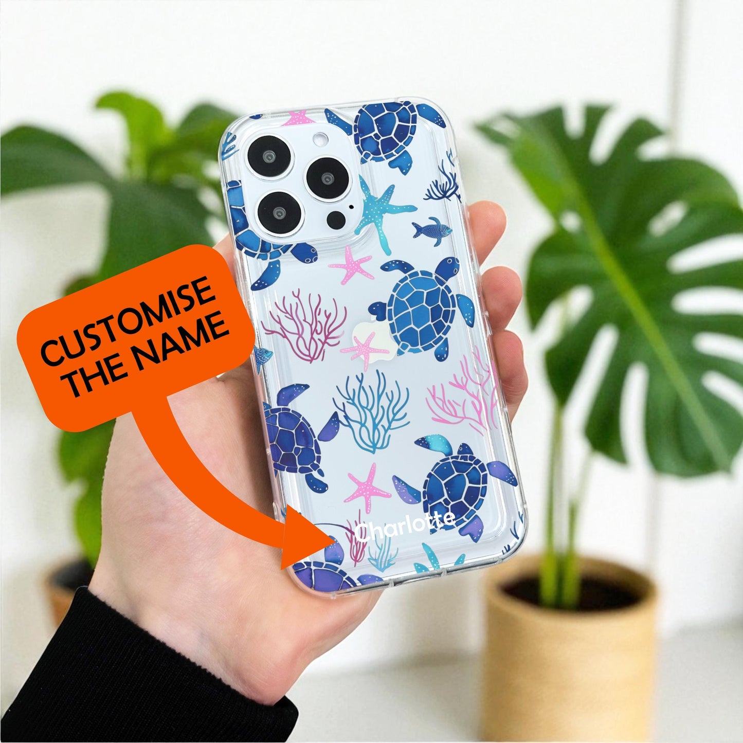 Summer Ocean Turtle Pattern Clear Phone Case for iPhone 17 16 15 14 13 12 11 11 Pro Max Mini 7 8 XR XS X Shockproof Phone Cover Custom Name