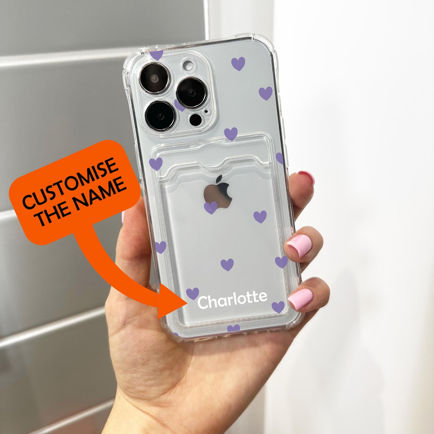 Purple Heart Pattern Card Holder Phone Case for iPhone 17 16 15 14 13 12 11 11 Pro Max Mini 7 8 XR XS X Wallet Shockproof Cover Custom Name