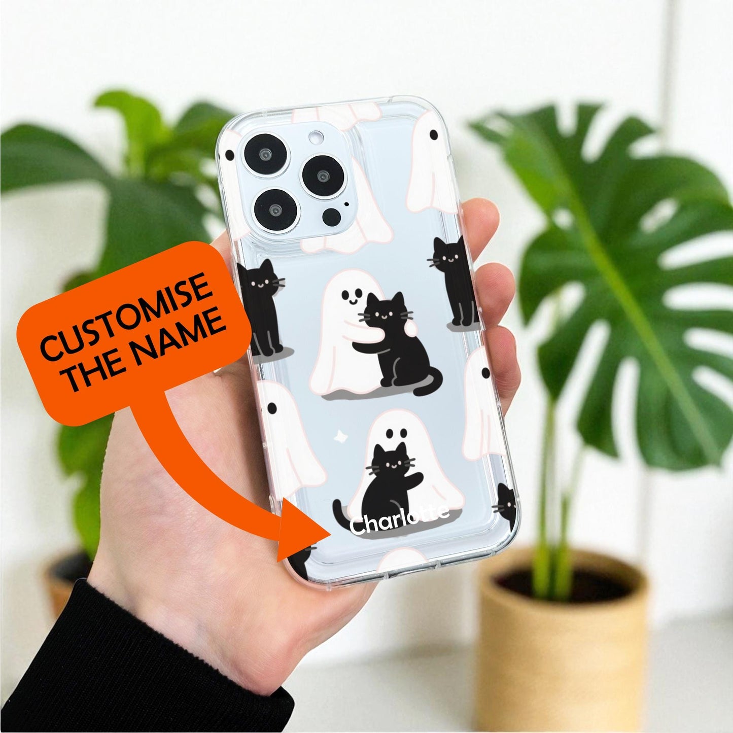 Halloween Ghost Cute Cat Clear Phone Case for iPhone 17 16 15 14 13 12 11 11 Pro Max Mini 7 8 XR X Shockproof Slim Phone Cover Custom Name