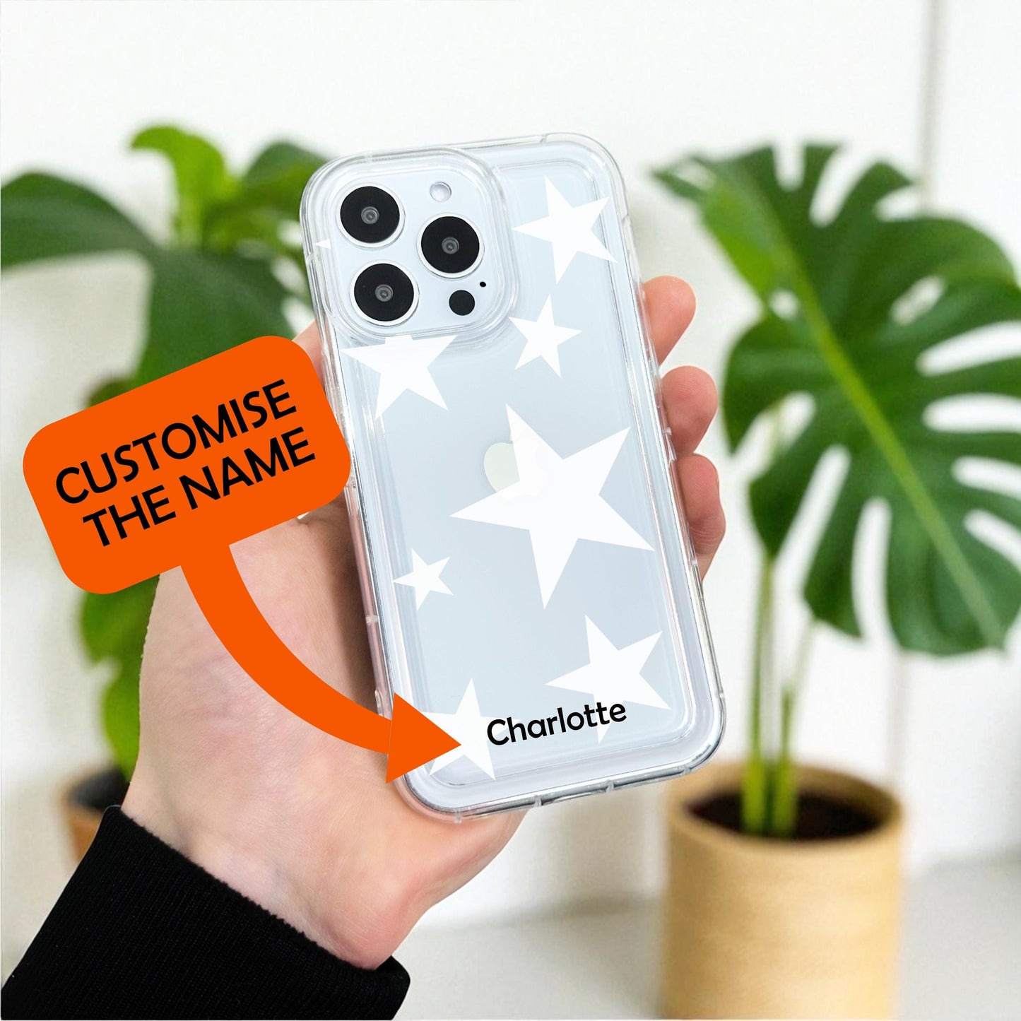 Clear Phone Case with White Stars for iPhone 17 16 15 14 13 12 11 11 Pro Max Mini 7 8 XR XS X Shockproof Slim Phone Cover with Custom Name