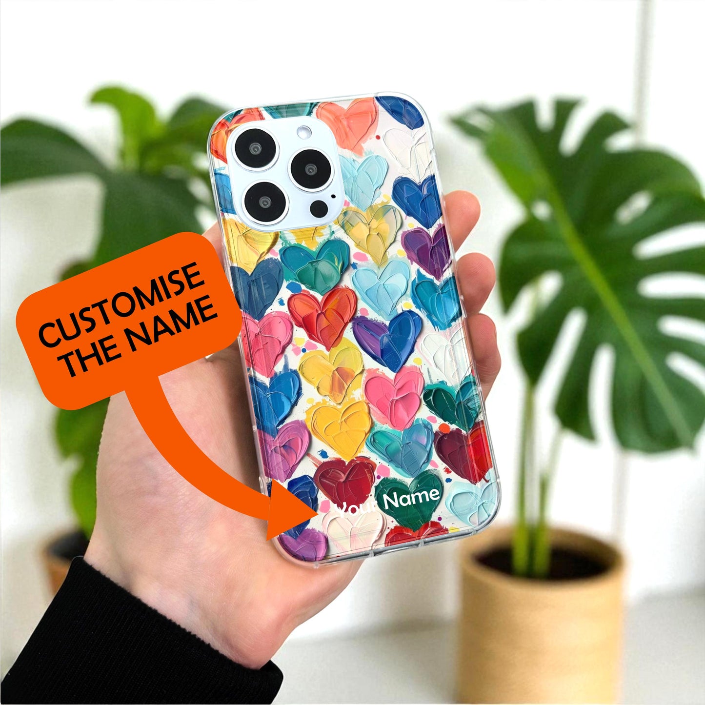 Multicolored Hearts Clear Phone Case for iPhone 17 16 15 14 13 12 11 11 Pro Max Mini 7 8 XR XS X Shockproof Slim Phone Cover Customised Name