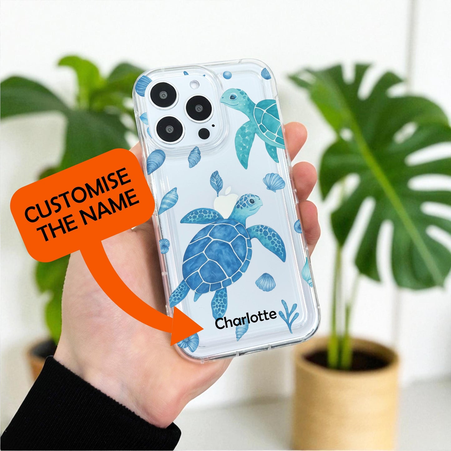 Blue Turtle Pattern Clear Phone Case for iPhone 17 16 15 14 13 12 11 11 Pro Max Mini 7 8 XR XS X Shockproof Cover Custom Name