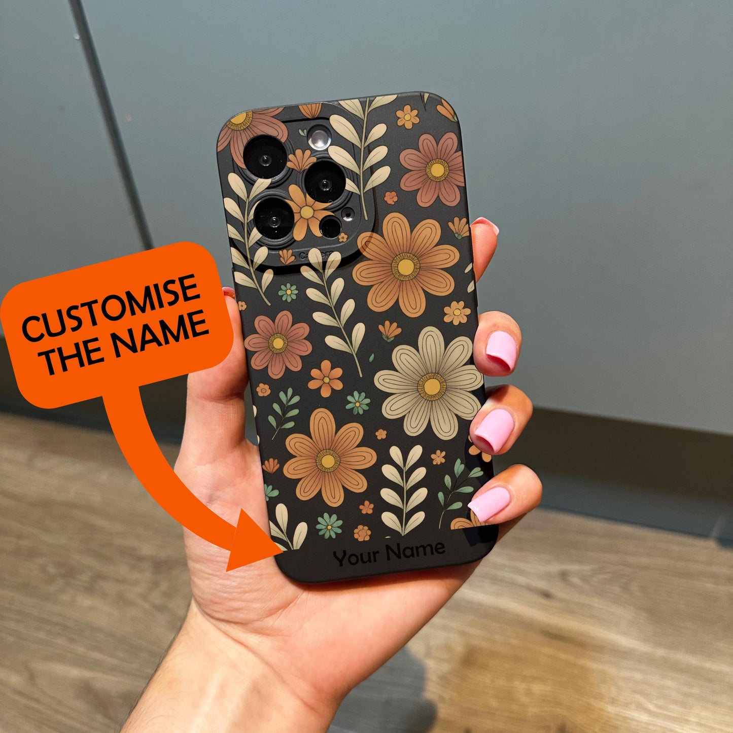 Floral Retro Funky Black Phone Case for iPhone 17 16 15 14 13 12 11 11 Pro Max Mini 7 8 XR XS X Shockproof Phone Cover with Customised Name