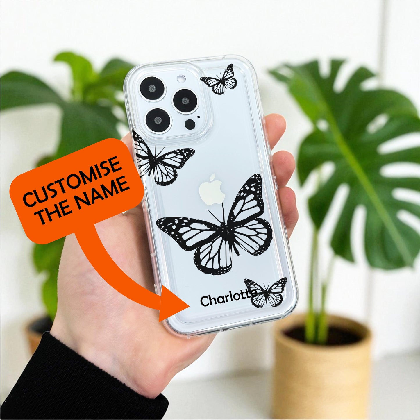 Clear Butterfly Print Phone Case for iPhone 17 16 15 14 13 12 11 11 Pro Max Mini 7 8 XR XS X Shockproof Slim Phone Cover Customised Name