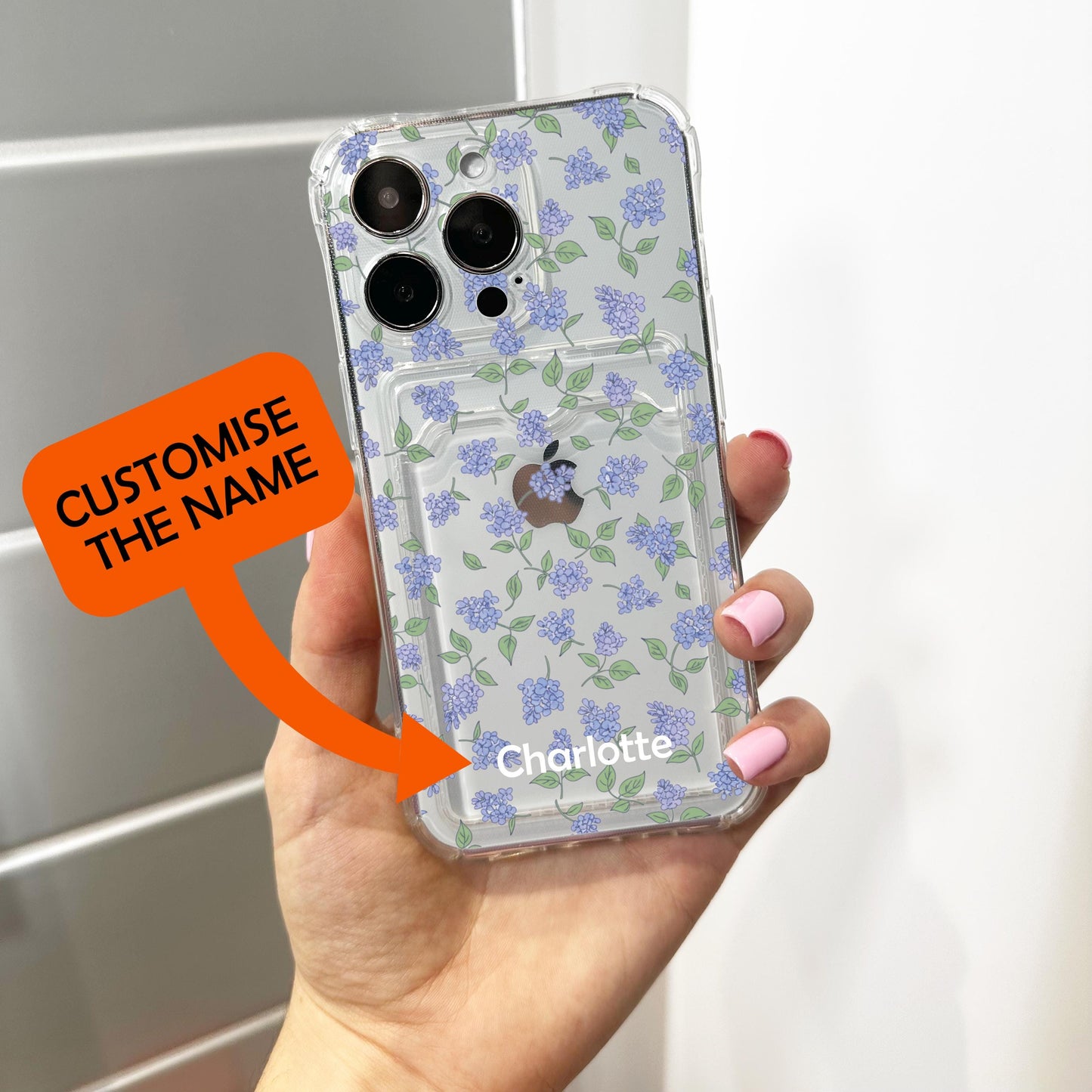 Blue Lilac Floral Card Holder Phone Case for iPhone 17 16 15 14 13 12 11 11 Pro Max Mini 7 8 XR X Wallet Shockproof Phone Cover Custom Name