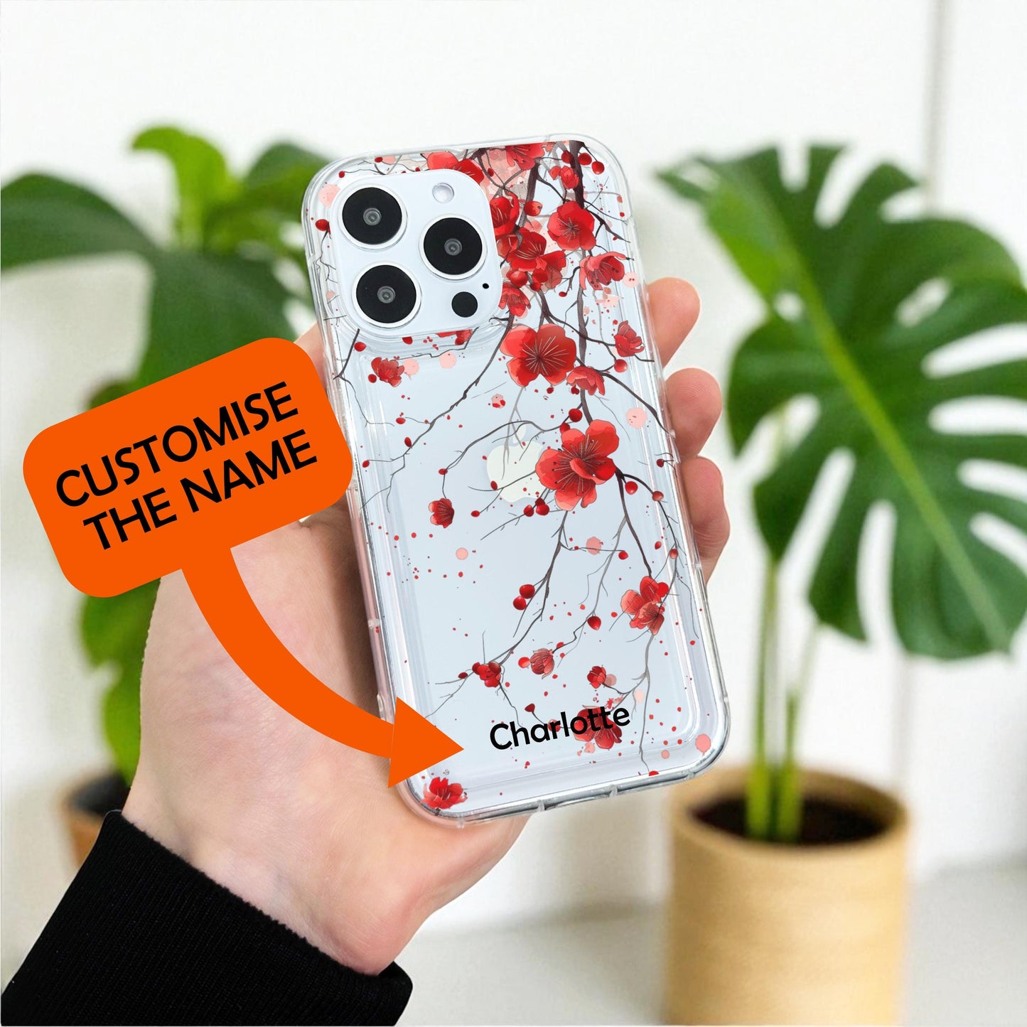 Red Blossom Floral Clear Phone Case for iPhone 17 16 15 14 13 12 11 11 Pro Max Mini 7 8 XR XS X Shockproof Silicone Phone Cover Custom Name